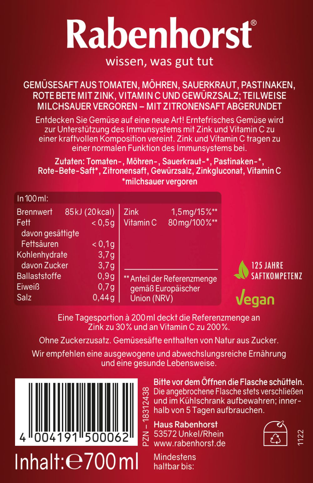 Rückseite einer Rabenhorst-Flasche mit Produktinformationen, Zutaten und Nährwertangaben. Vegan-Siegel.