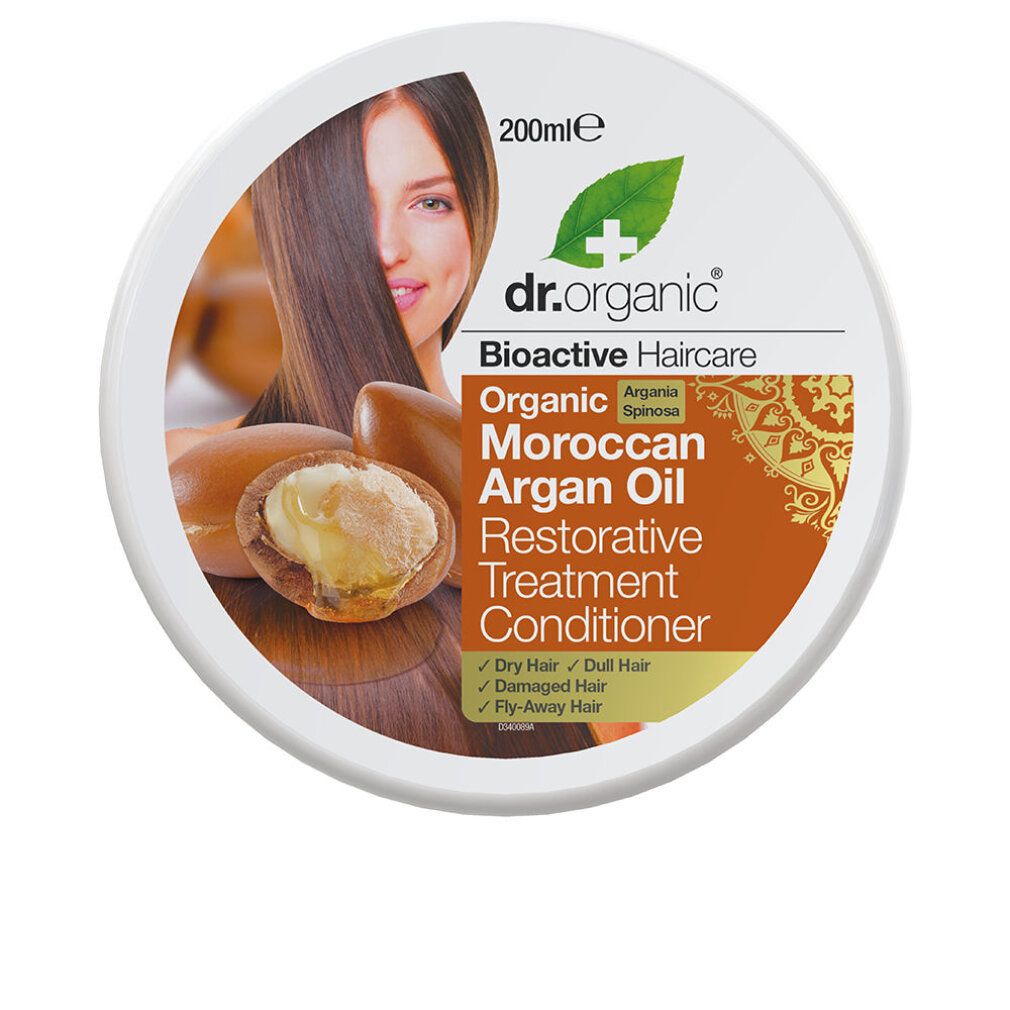 Dr. Organic Argan Maschera Cap, Dose. Aufdruck mit Produktname, Bio-Siegel, Arganöl-Abbildung und Frau.