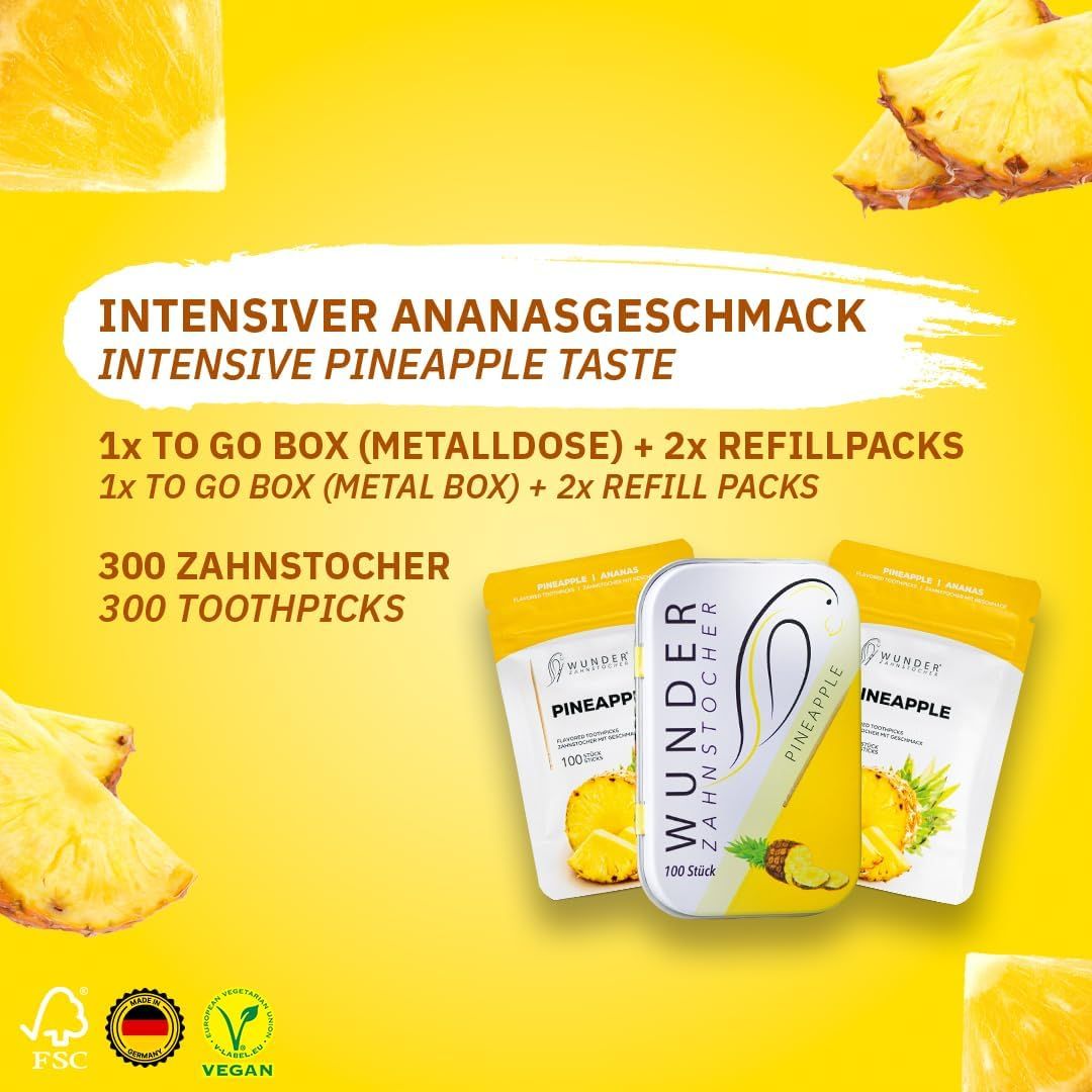 Bundle mit Metallbox, 2 Nachfüllpackungen und 300 Zahnstochern. Gelbes Design mit Ananas-Motiv. Text: 'Intensiver Ananasgeschmack'.