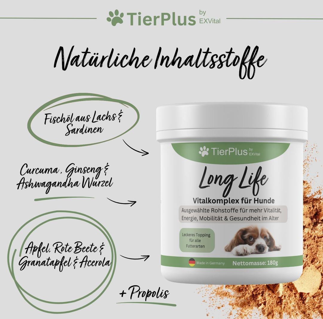 TierPlus Long Life Vitalkomplex für Hunde: Inhaltsstoffe wie Fischöl, Curcuma, Ginseng, Apfel, Rote Beete.