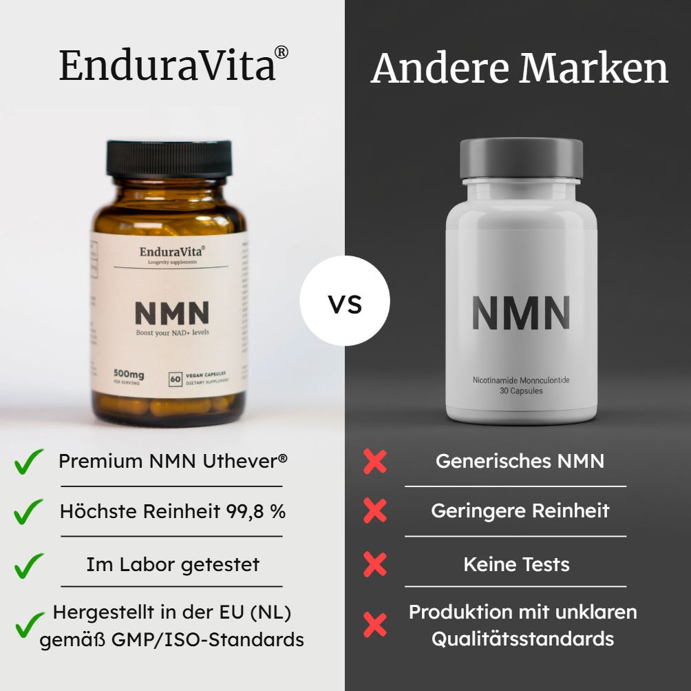 Vergleich: EnduraVita NMN Flasche vs. generisches NMN. Text: Premium, Reinheit, Labor getestet.