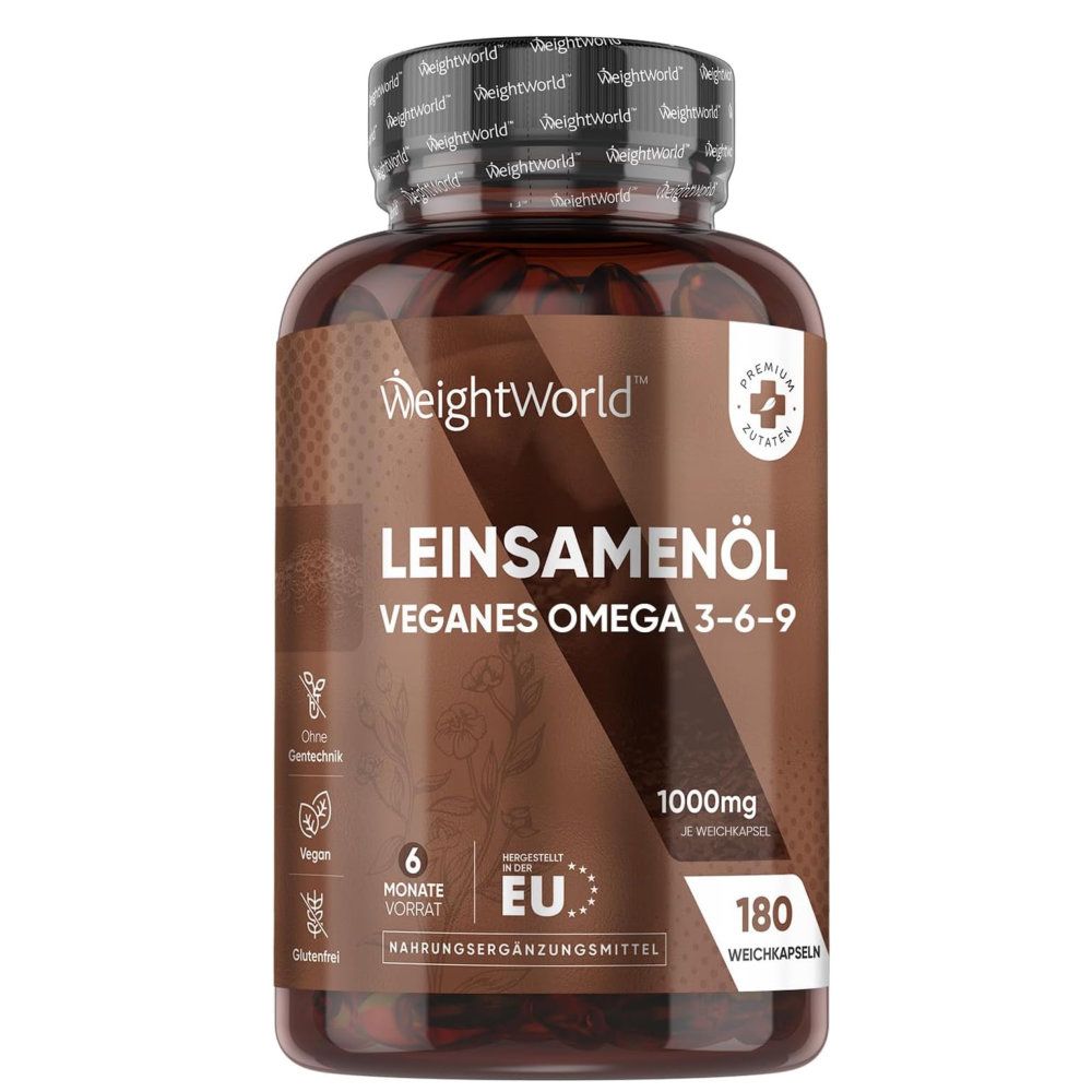 Braune Flasche mit Kapseln. Aufschrift: Leinsamenöl, veganes Omega 3-6-9. 180 Weichkapseln. EU-Siegel.