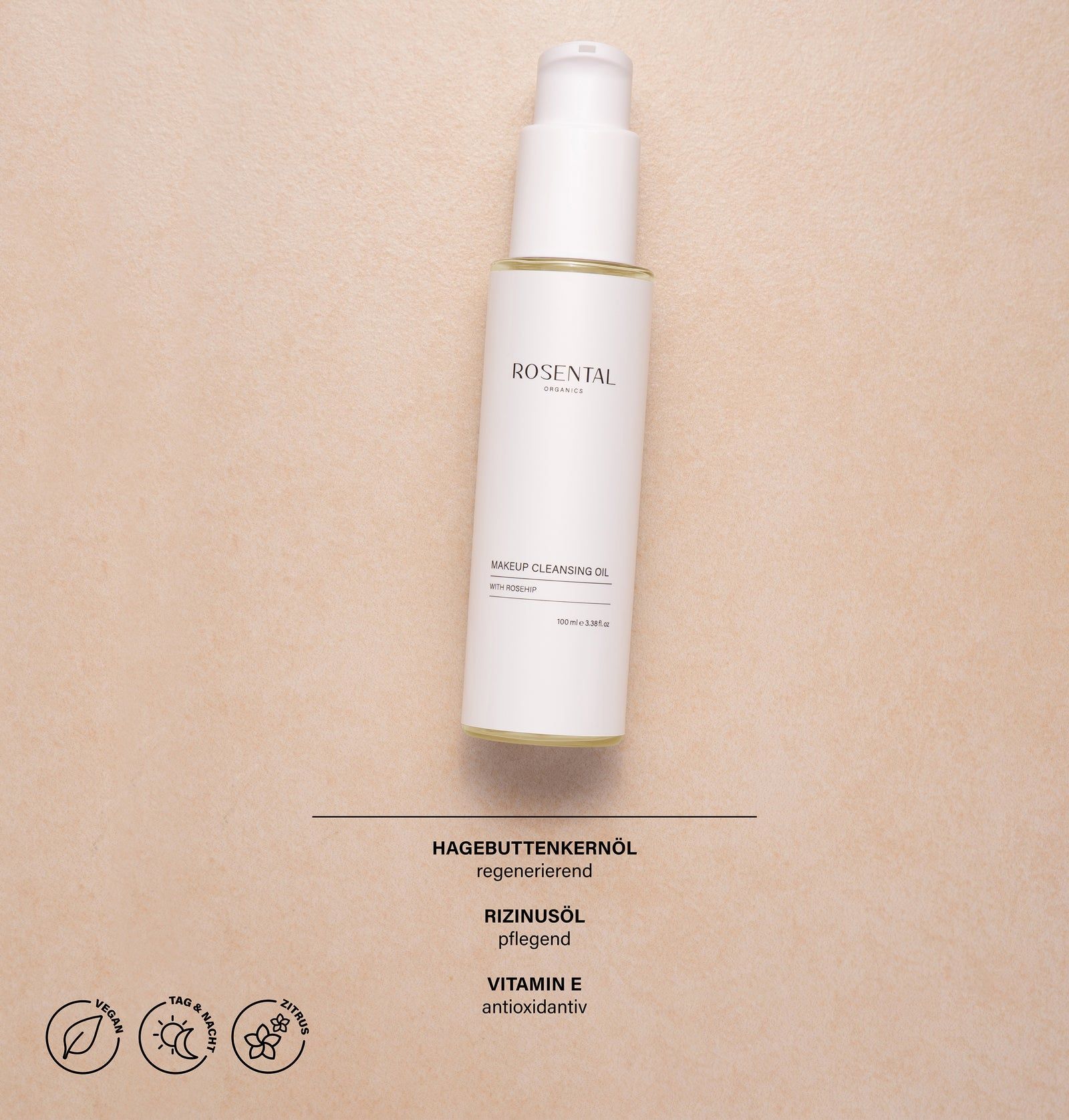 Weiße Flasche mit Pumpe, Produktname: Rosental. Text: Makeup Cleansing Oil. Inhaltsstoffe.