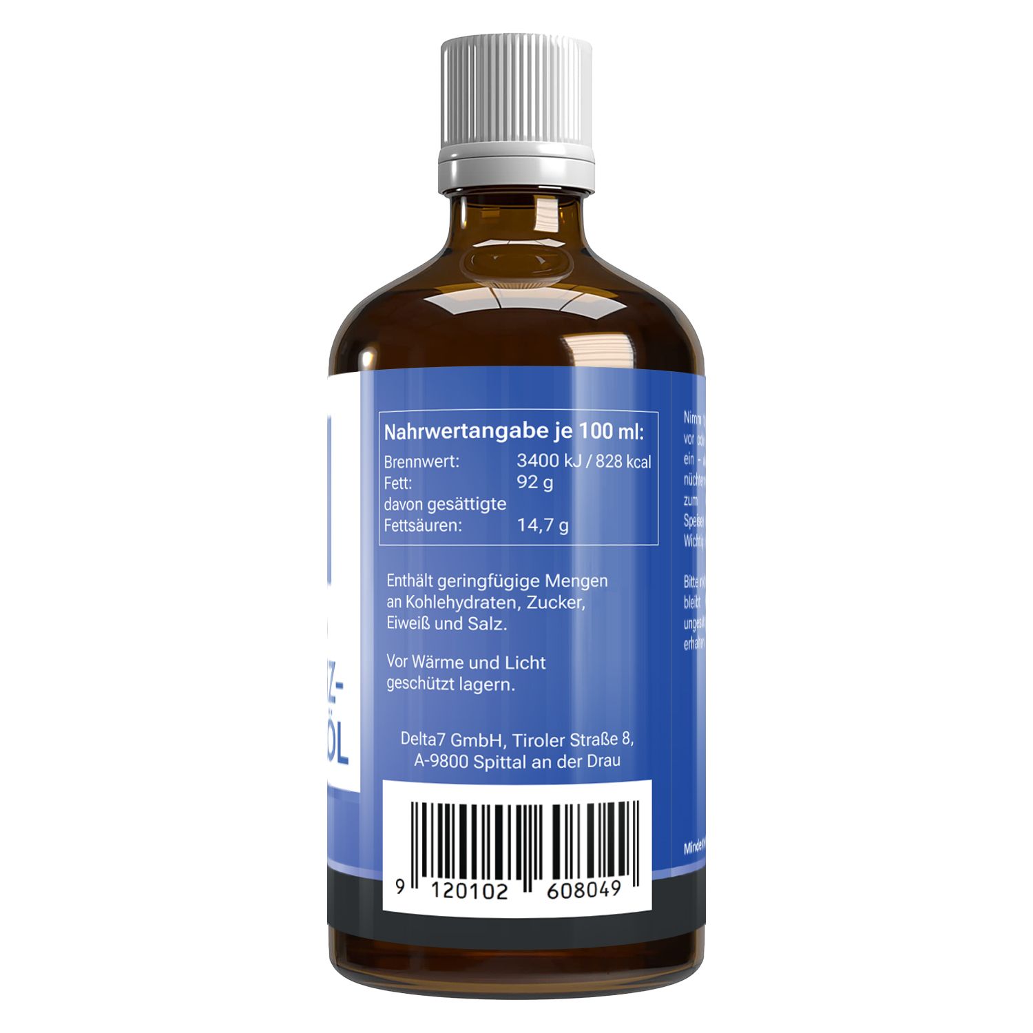Rückseite der braunen Glasflasche mit blauem Etikett. Text: Nährwertangaben, Barcode, Herstellerinformationen.