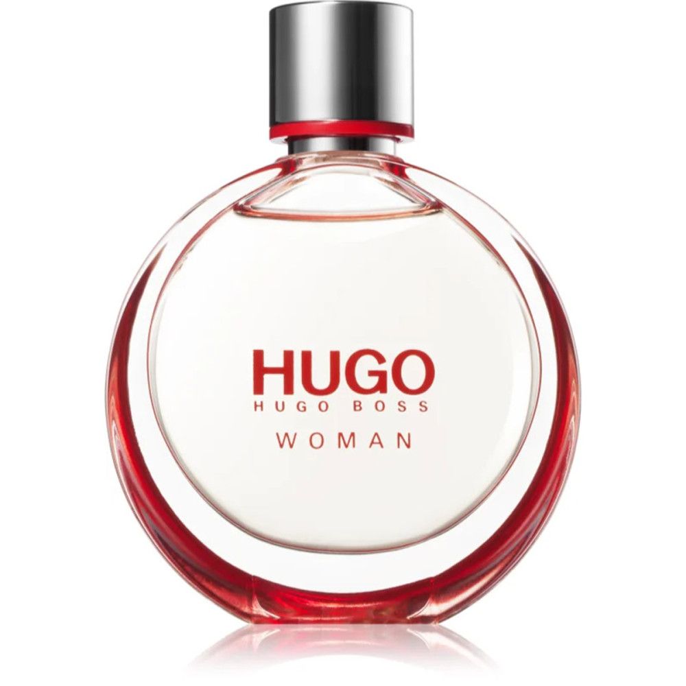 Runde Glasflasche mit silbernem Verschluss. Aufschrift HUGO WOMAN. Roter Rand.