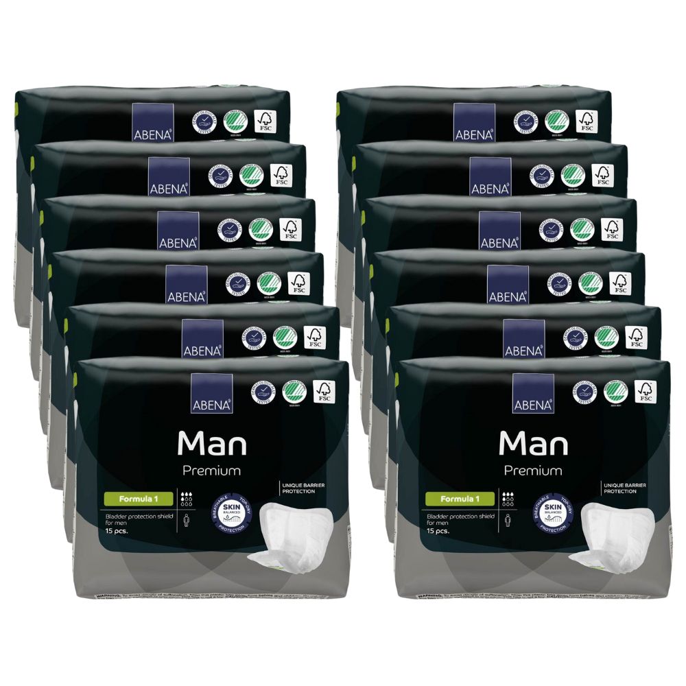 Mehrere Packungen Abena Man Premium Formula 1. Schwarze Verpackung mit Logo und Produktinformationen. FSC-Zertifizierung.