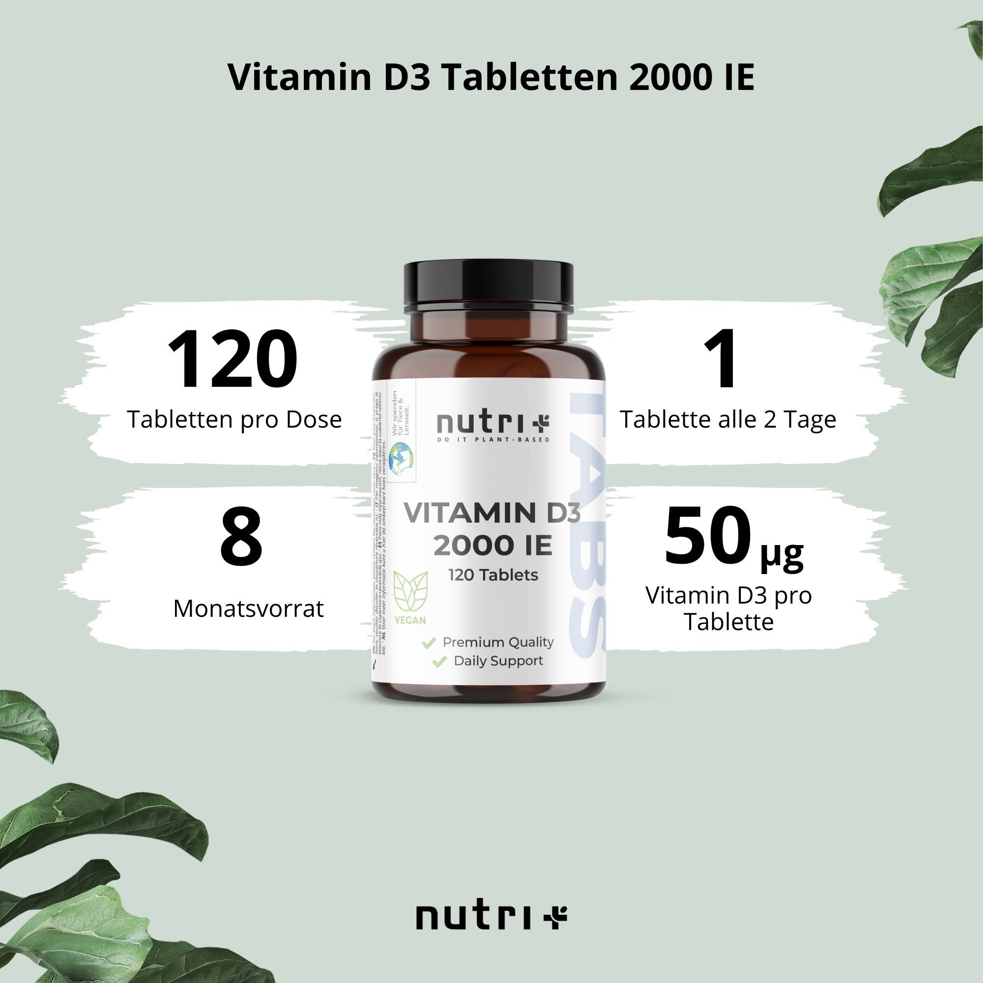 Grafik mit Flasche Vitamin D3 2000 IE, 120 Tabletten. 120 Tabletten pro Dose, 8 Monatsvorrat, 1 Tablette alle 2 Tage, 50µg.