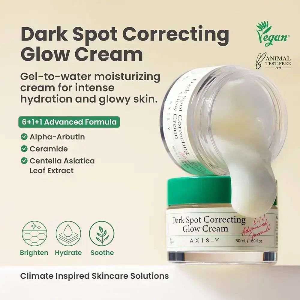 Zwei Tiegel AXIS-Y Dark Spot Correcting Glow Cream. Text: 6+1+1 Advanced Formula, Vegan-Siegel. Produkt und Verpackung.