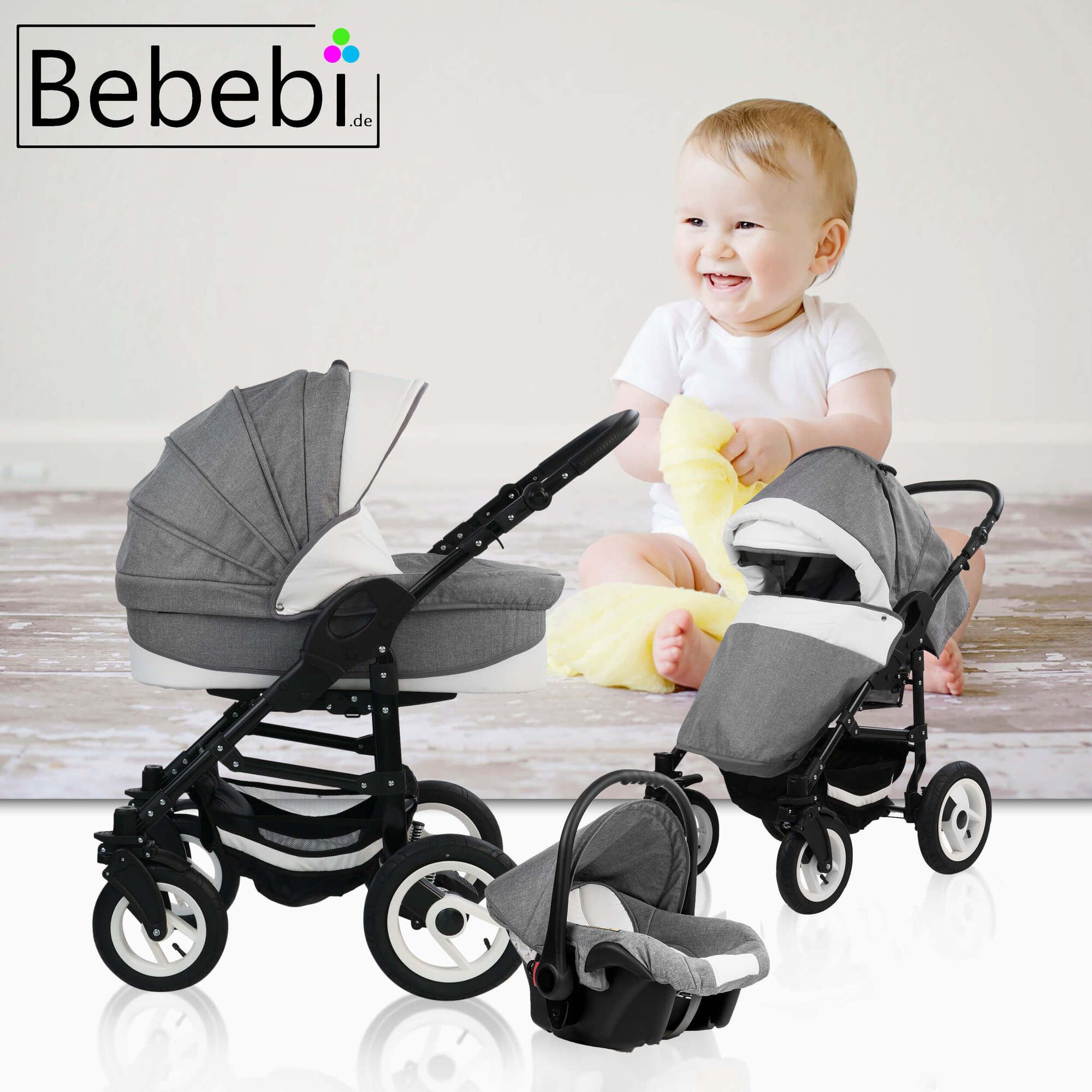 Bebebi Florenz 3 in 1 Kinderwagen Set mit Original Maxi Cosi, Luftreifen, Galileo Lightgrey Black