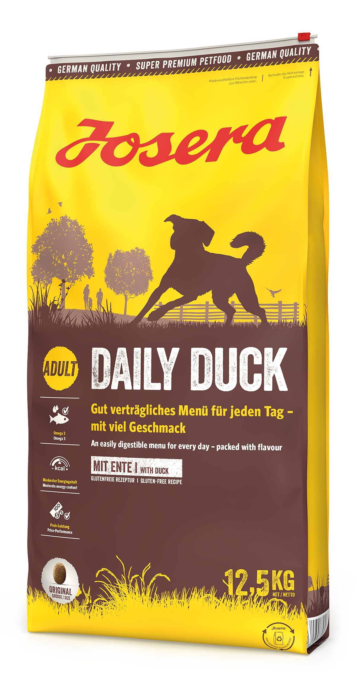 Josera DailyDuck Hundefutter. Gelbe Verpackung mit braunem Bereich. Enthält Ente. 12,5 kg. Glutenfrei. Mit Hund Silhouette.