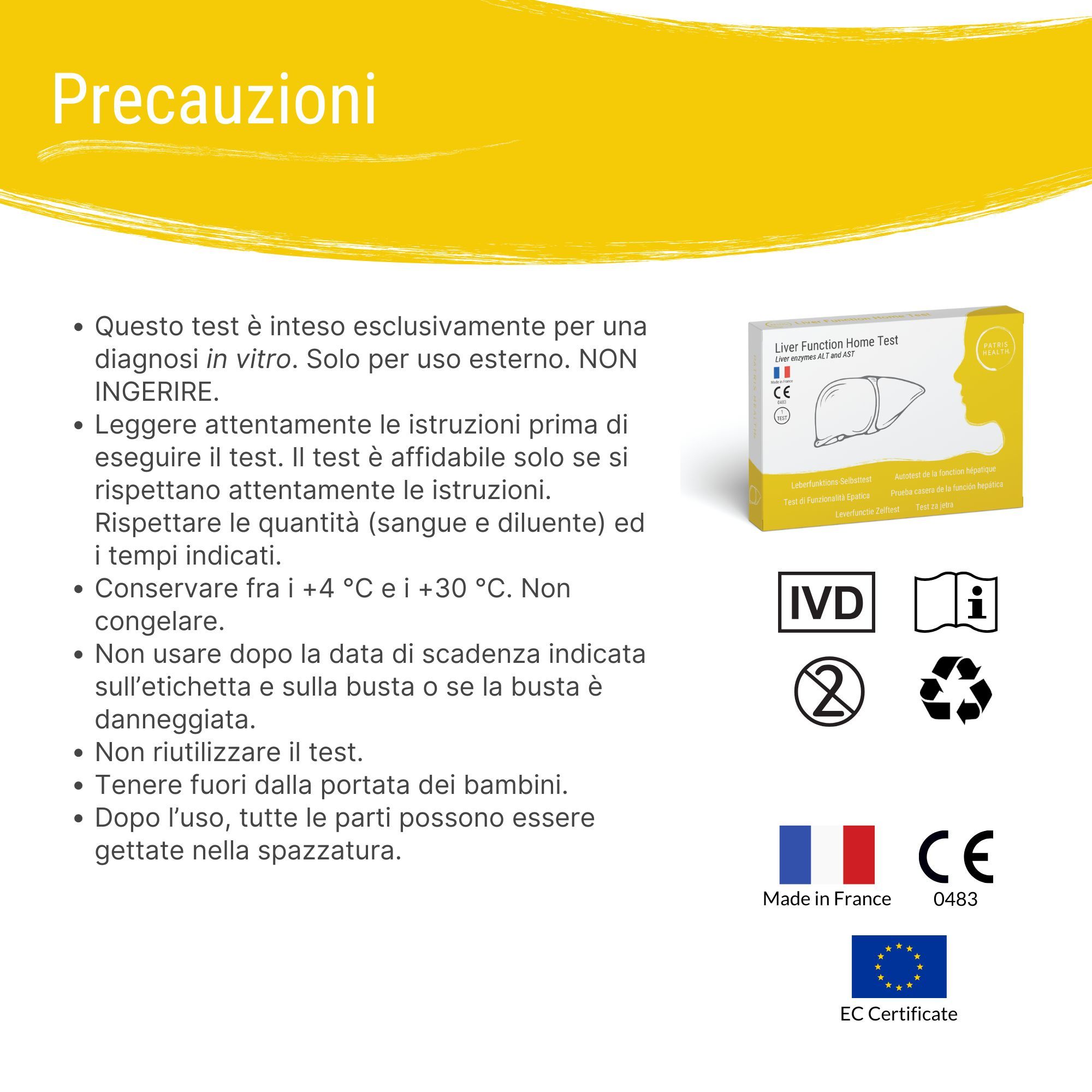 Precauzioni per il test della funzionalità epatica. Solo per diagnostica in vitro. Marchio CE, Made in France.