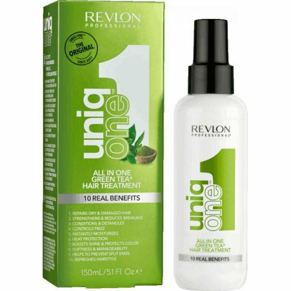 Produkt und Verpackung. Weißes Haarspray mit grüner Verpackung. Aufschrift: Uniq One, Revlon Professional, All in One Green Tea Hair Treatment, 10 Real Benefits.