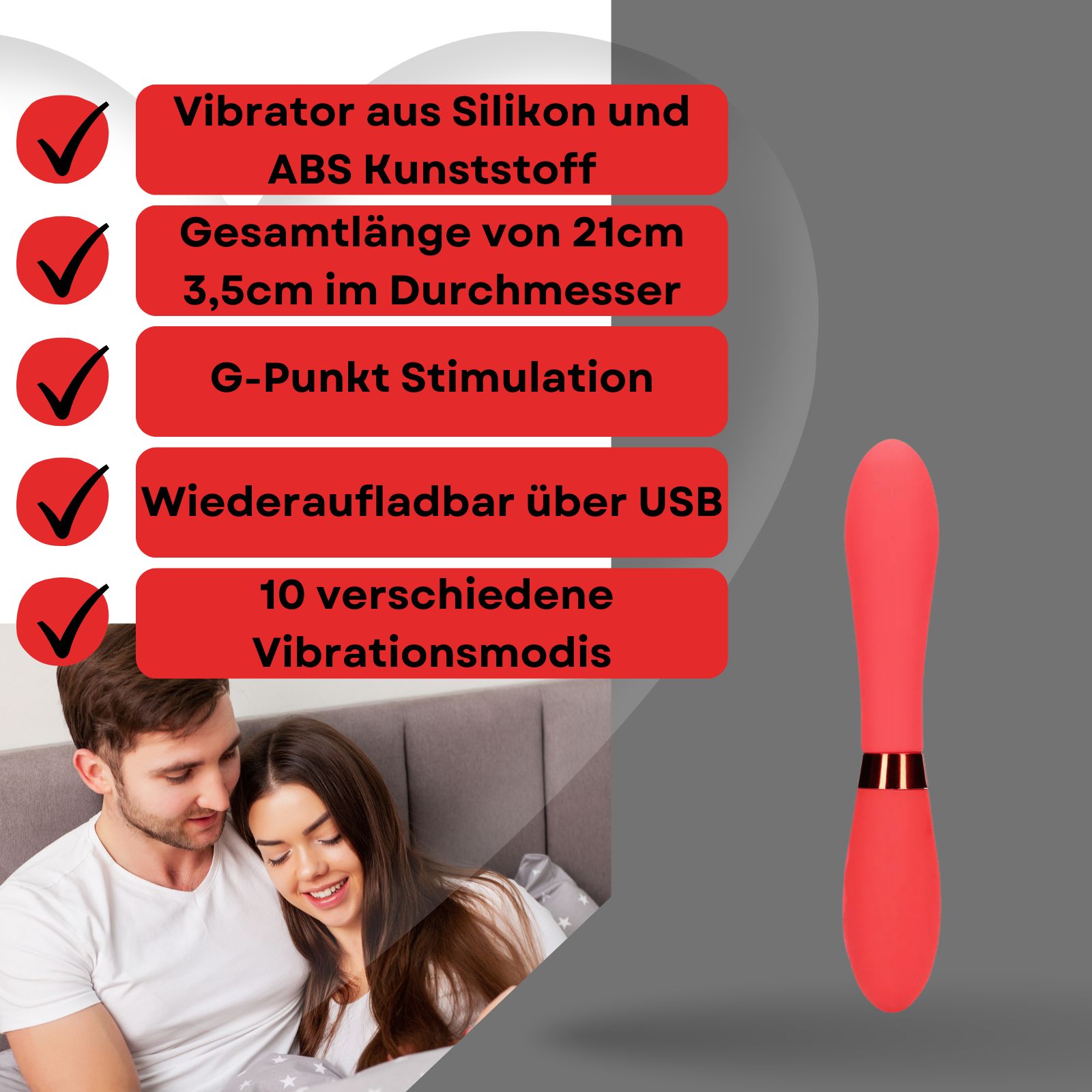 Roter Vibrator. Text mit Informationen. G-Punkt-Stimulation, USB-Aufladung, 10 Modi.