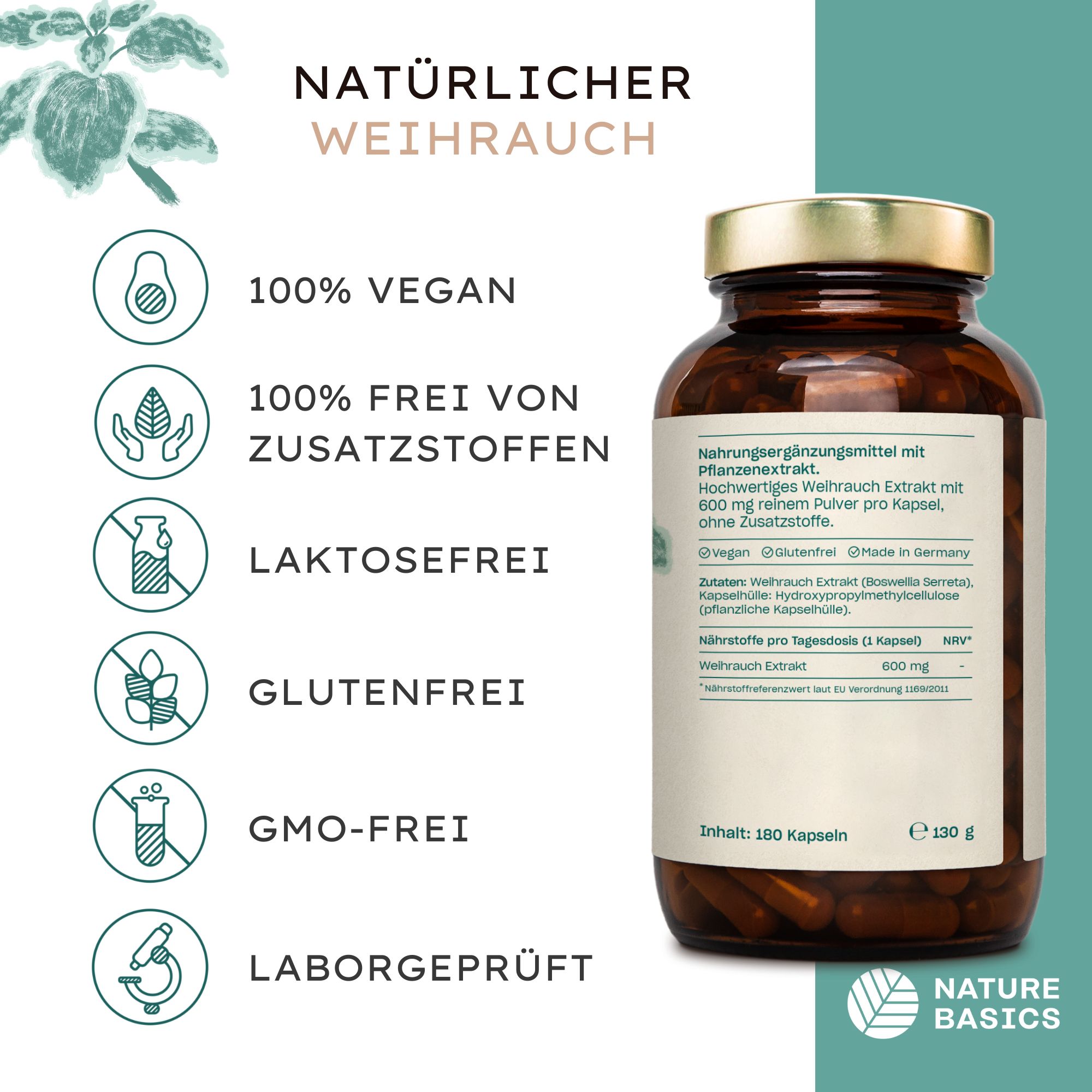 Braune Flasche mit Kapseln. Aufschrift: Natürlicher Weihrauch, 100% vegan, frei von Zusatzstoffen, laktosefrei, glutenfrei, GMO-frei, Laborgeprüft.