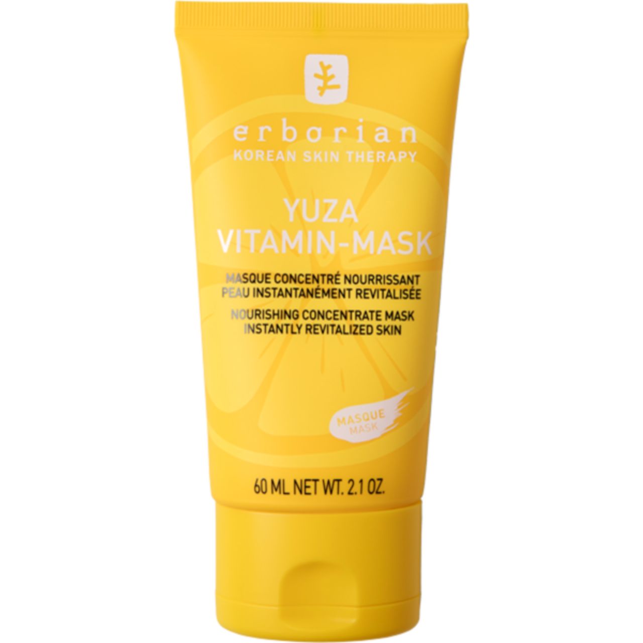 Gelbe Tube mit Produktnamen und Logo. Text: Yuza Vitamin-Mask, 60 ml. Erborian Korean Skin Therapy.