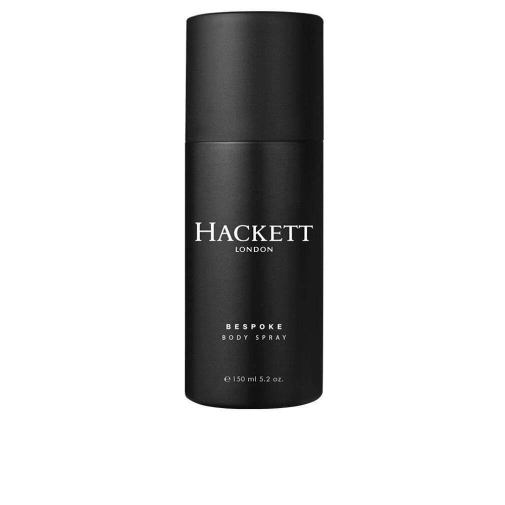 Schwarze Sprühflasche mit weißem "HACKETT LONDON"-Logo und "BESPOKE BODY SPRAY"-Text. Unten: "e 150 ml 5.2 oz."