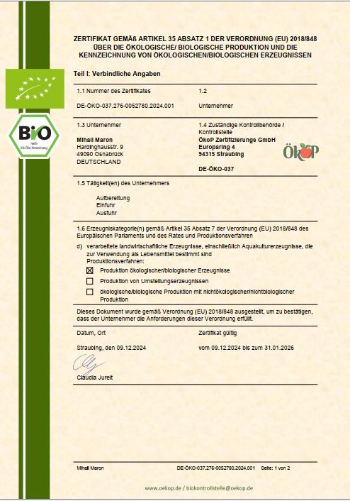 Zertifikat der Öko-Kontrollstelle. Text in Deutsch. Logo Bio. Angaben zu Hersteller, Zertifizierung und Gültigkeit.