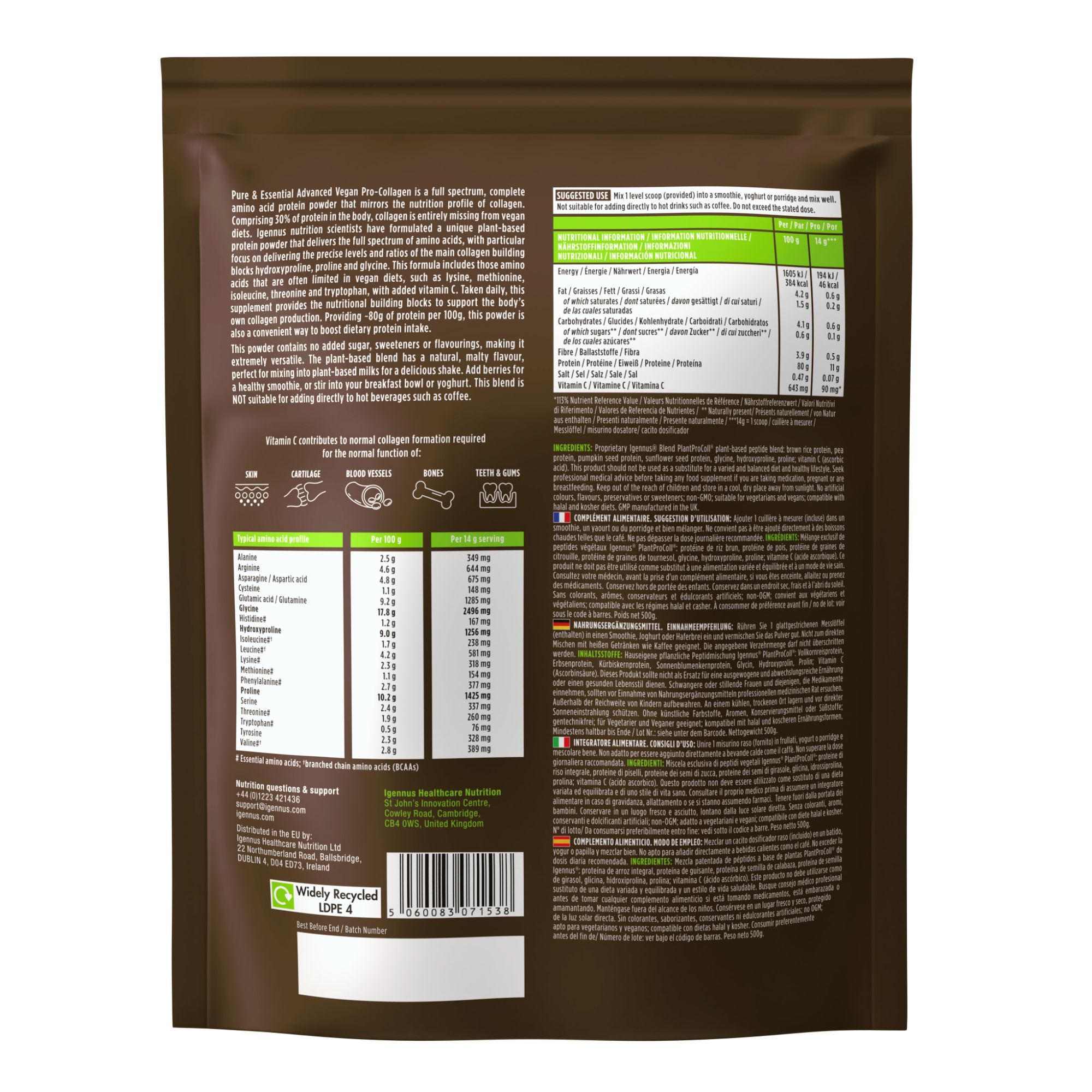 Rückseite einer Packung veganes Kollagenpulver mit Nährwertangaben und Zertifizierungen.