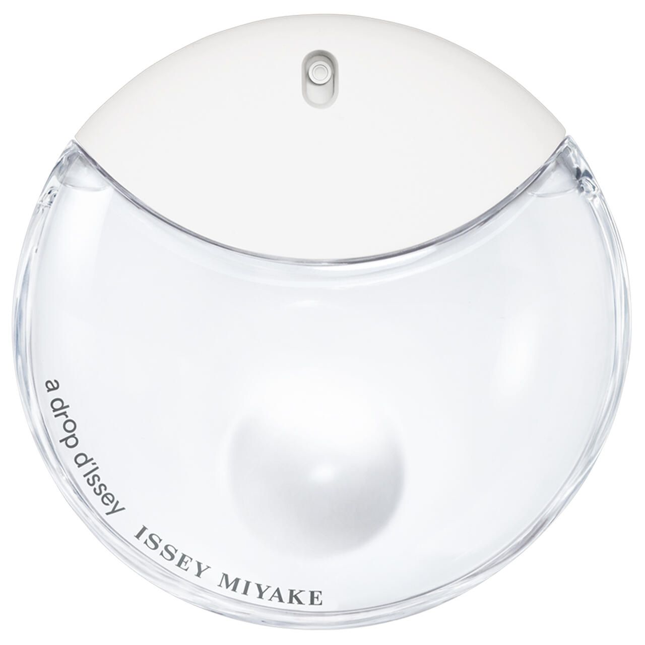 Runder Flakon mit weißem Deckel. Aufschrift: a drop d'Issey, Issey Miyake. Transparenter Behälter mit weißer Kugel.