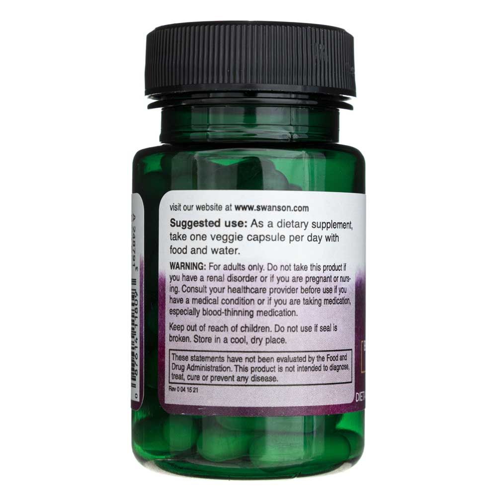 Rückseite der Swanson Vitamin D3 & K2 Flasche mit Anwendungshinweisen und Warnungen.