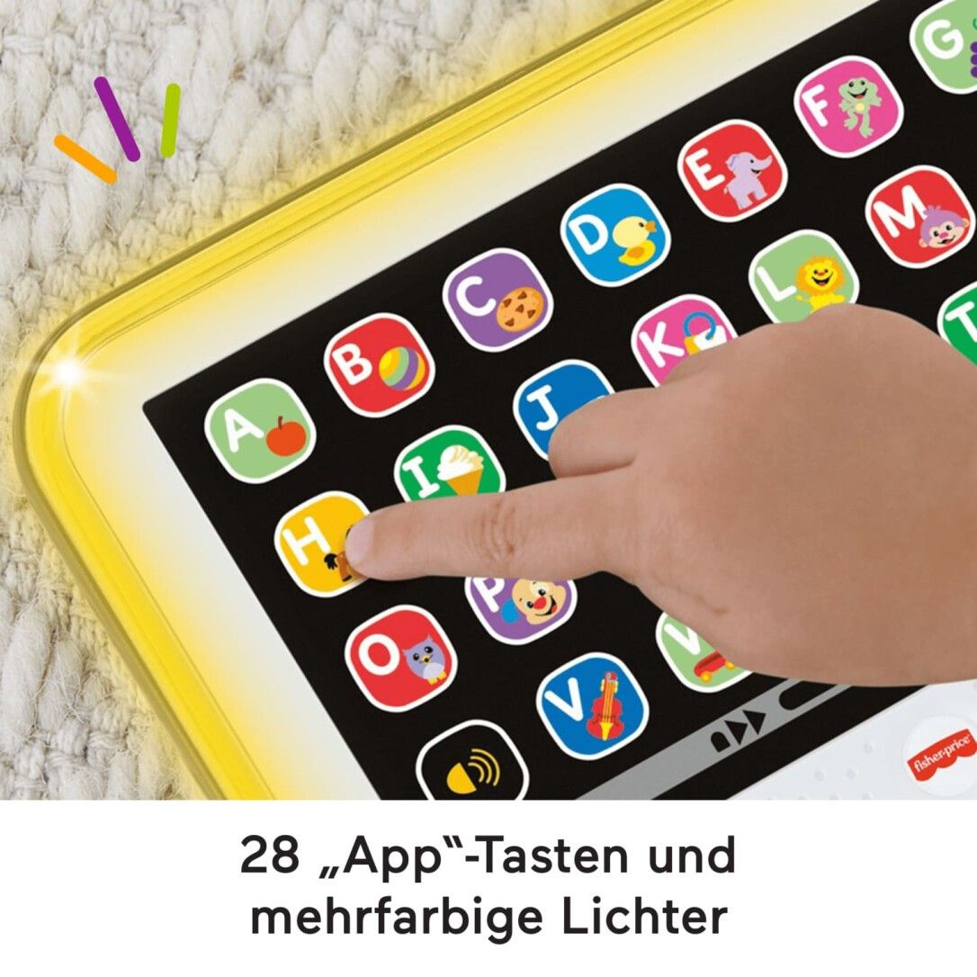 Tablet mit farbigen Buchstaben und Symbolen. Finger berührt Taste H. Gelber Rahmen. Text: 28 App-Tasten und mehrfarbige Lichter.