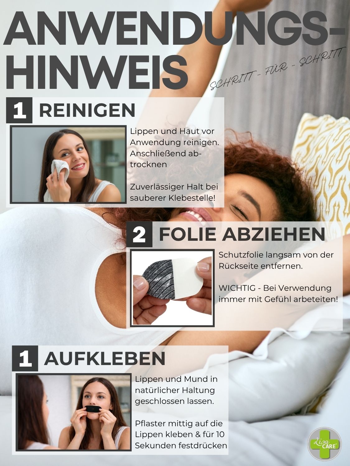 Anleitung: Reinigen, Folie abziehen, aufkleben. Schritte zur Anwendung des Mundpflasters. Frauen reinigen und kleben Pflaster.