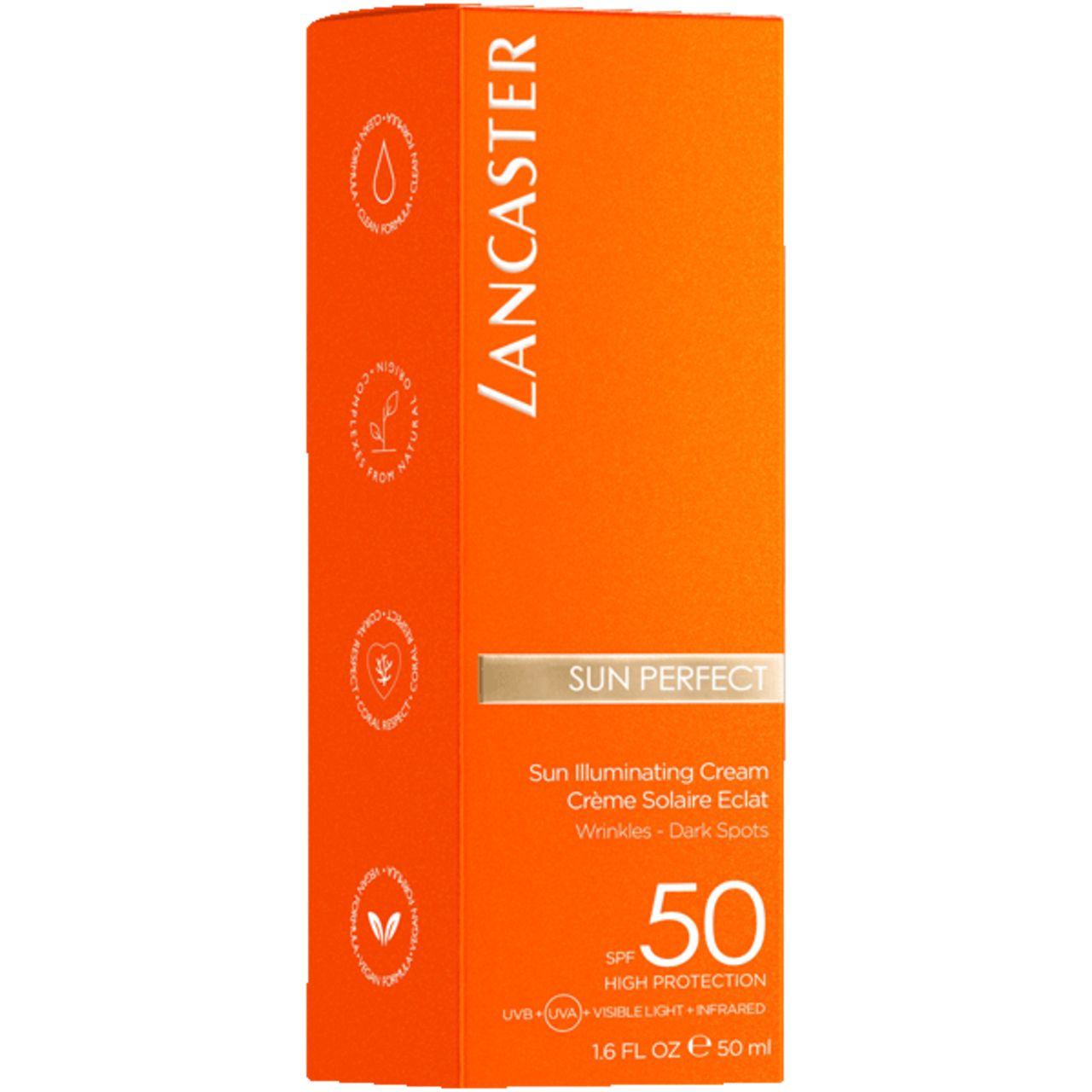 Orangefarbene Lancaster Sun Perfect Faltschachtel mit Produktinformationen und Siegeln.
