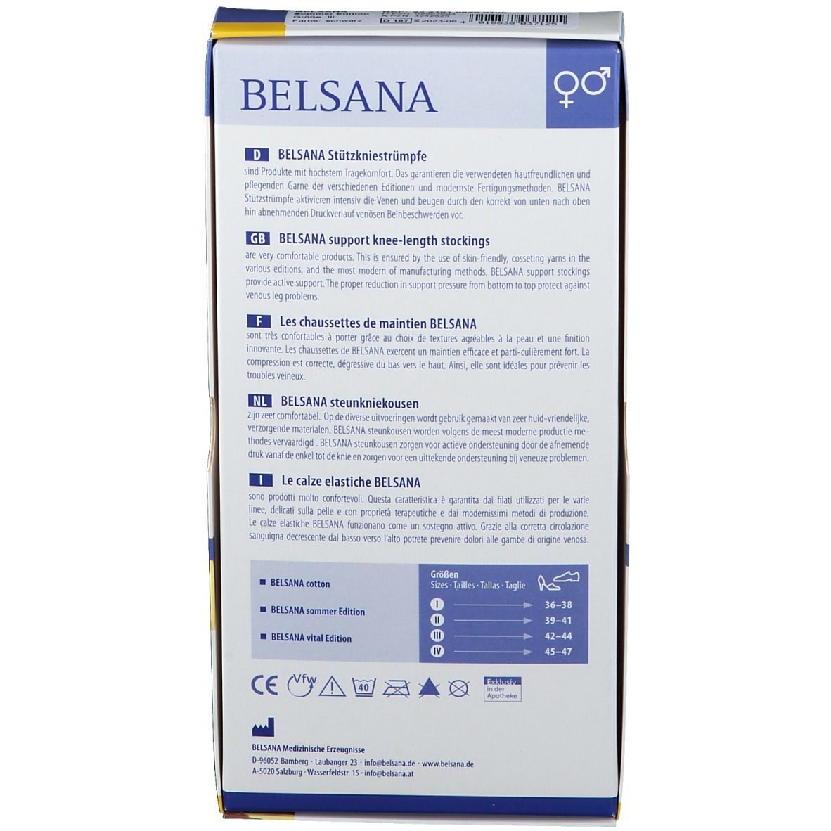 Rückseite der BELSANA Sommer Edition Verpackung. Text, Größenangaben, CE-Zeichen.