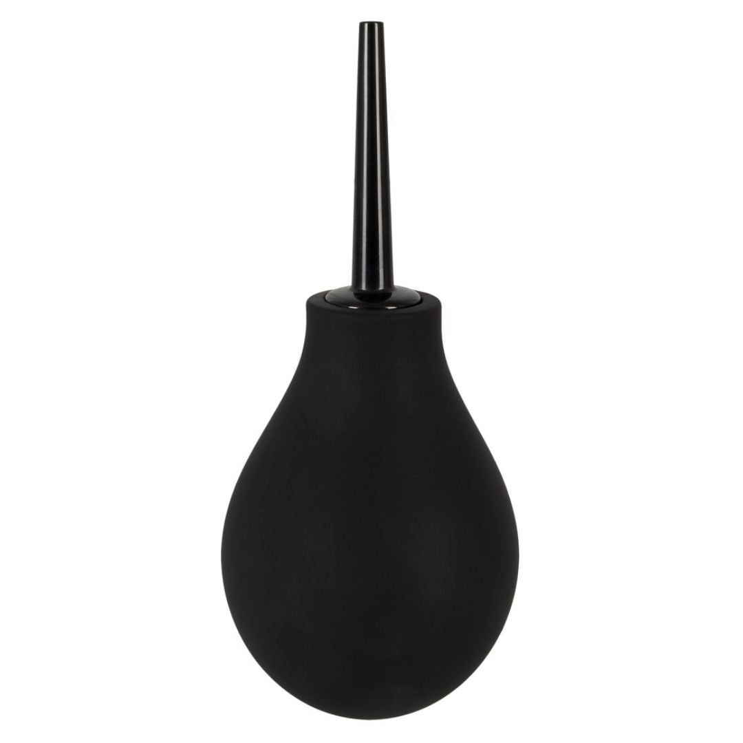 Schwarze, birnenförmige Irrigator mit schwarzer Spitze. Das Produkt ist aus Gummi.