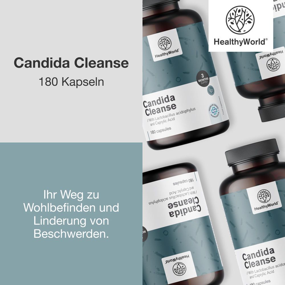Mehrere Flaschen mit Etikett: Candida Cleanse, 180 Kapseln. Logo: HealthyWorld. Text: Ihr Weg zu Wohlbefinden und Linderung von Beschwerden.