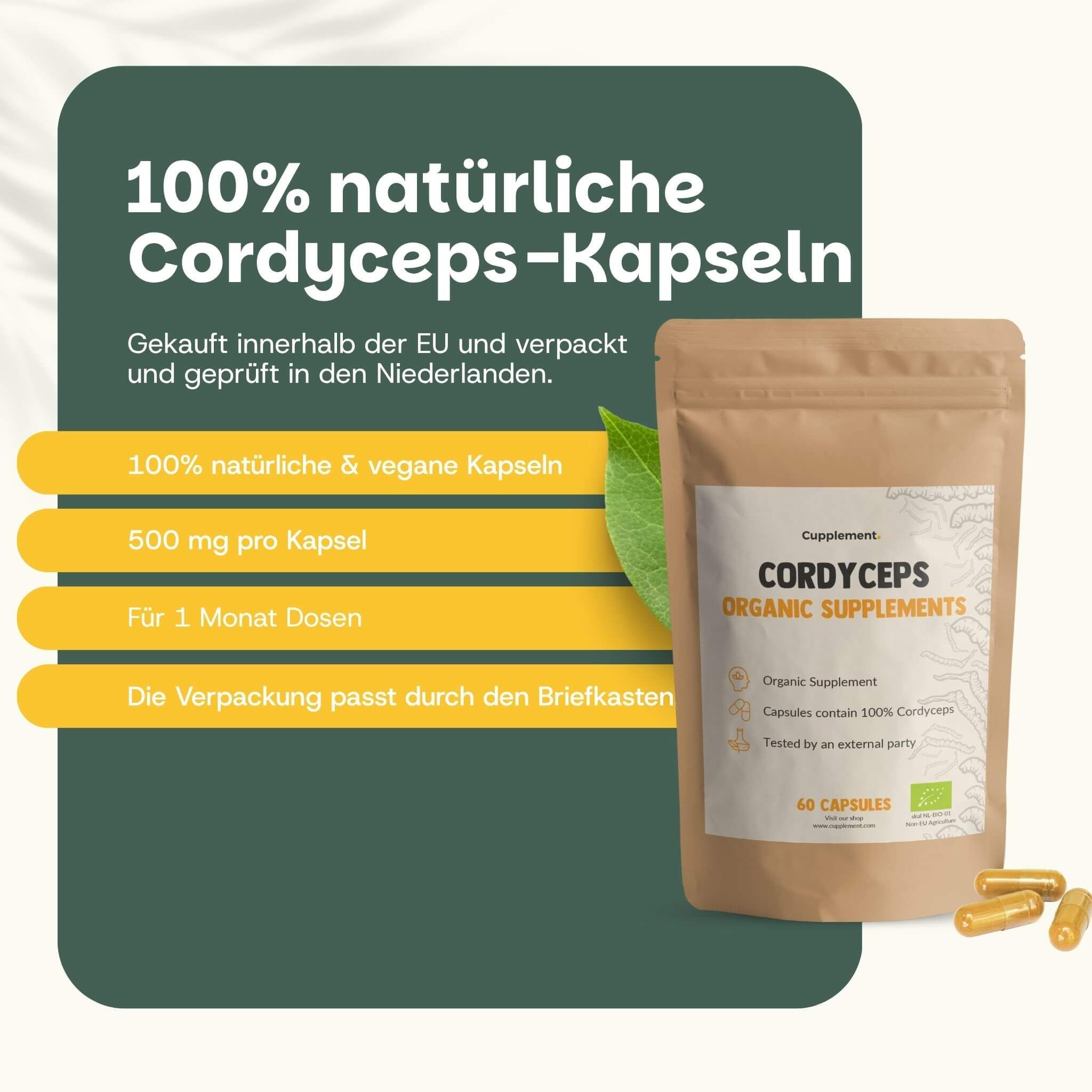 Cordyceps-Kapseln. Text: 100% natürliche & vegane Kapseln, 500 mg pro Kapsel, für 1 Monat Dosen. Brauner Beutel mit Kapseln.