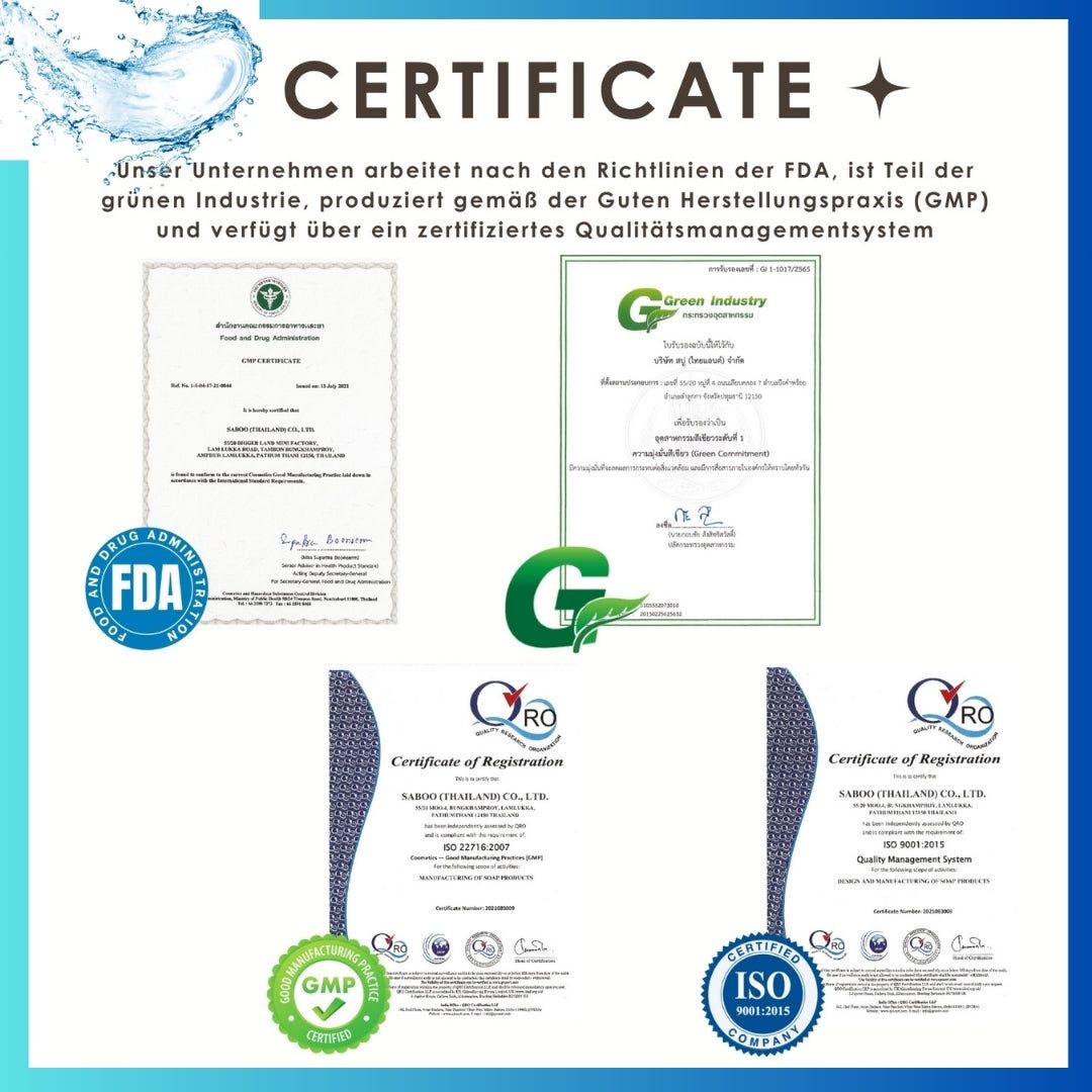 Zertifikate: FDA, GMP, ISO 9001. Text: Green Industry, QRO.