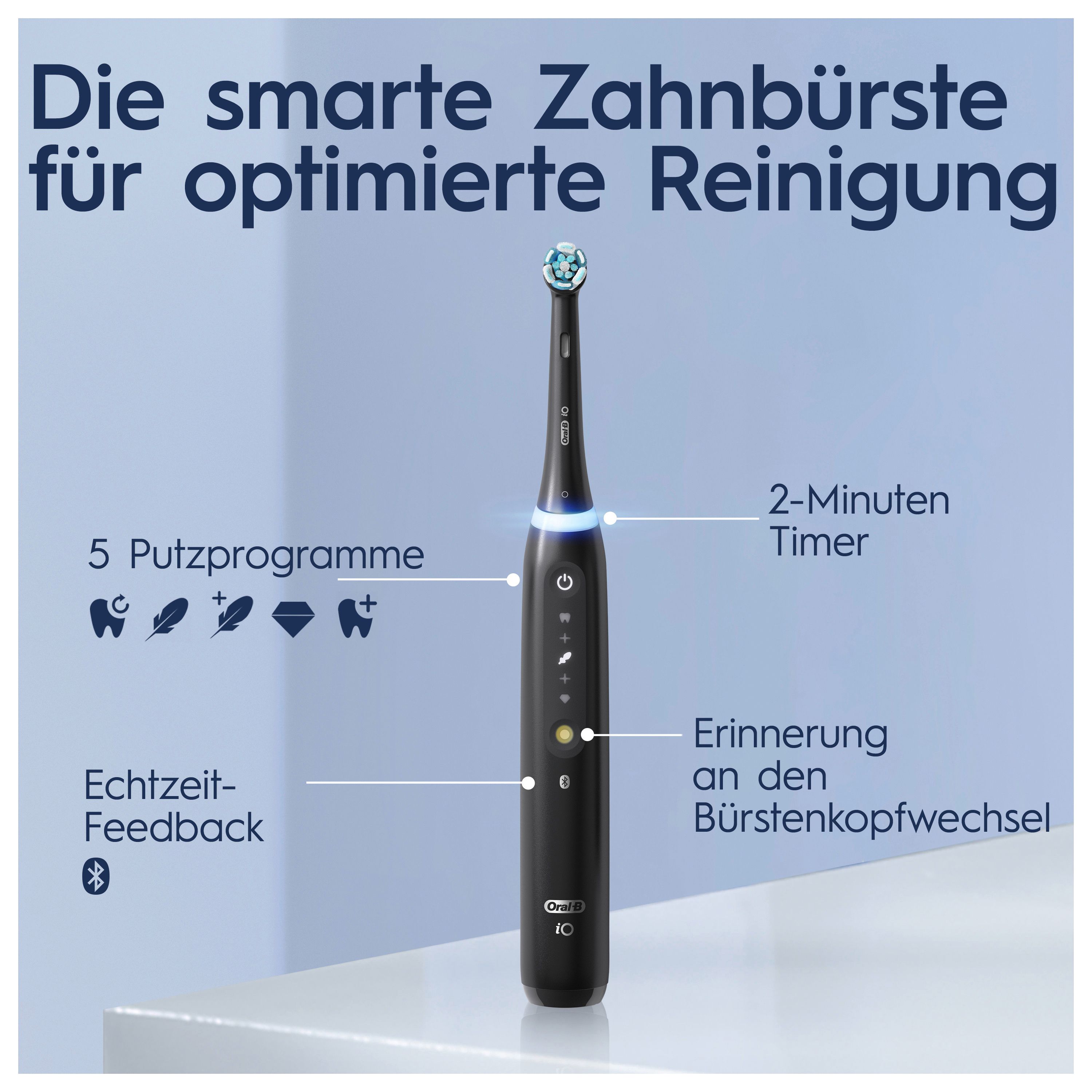 Elektrische Zahnbürste mit Text. 5 Putzprogramme, Echtzeit-Feedback, 2-Minuten-Timer. Marke: Oral-B iO.