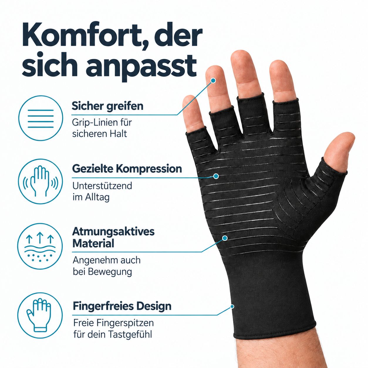 Schwarze Kompressionshandschuhe mit offenen Fingern und Grip-Linien. Zeigt Merkmale wie gezielte Kompression und atmungsaktives Material.