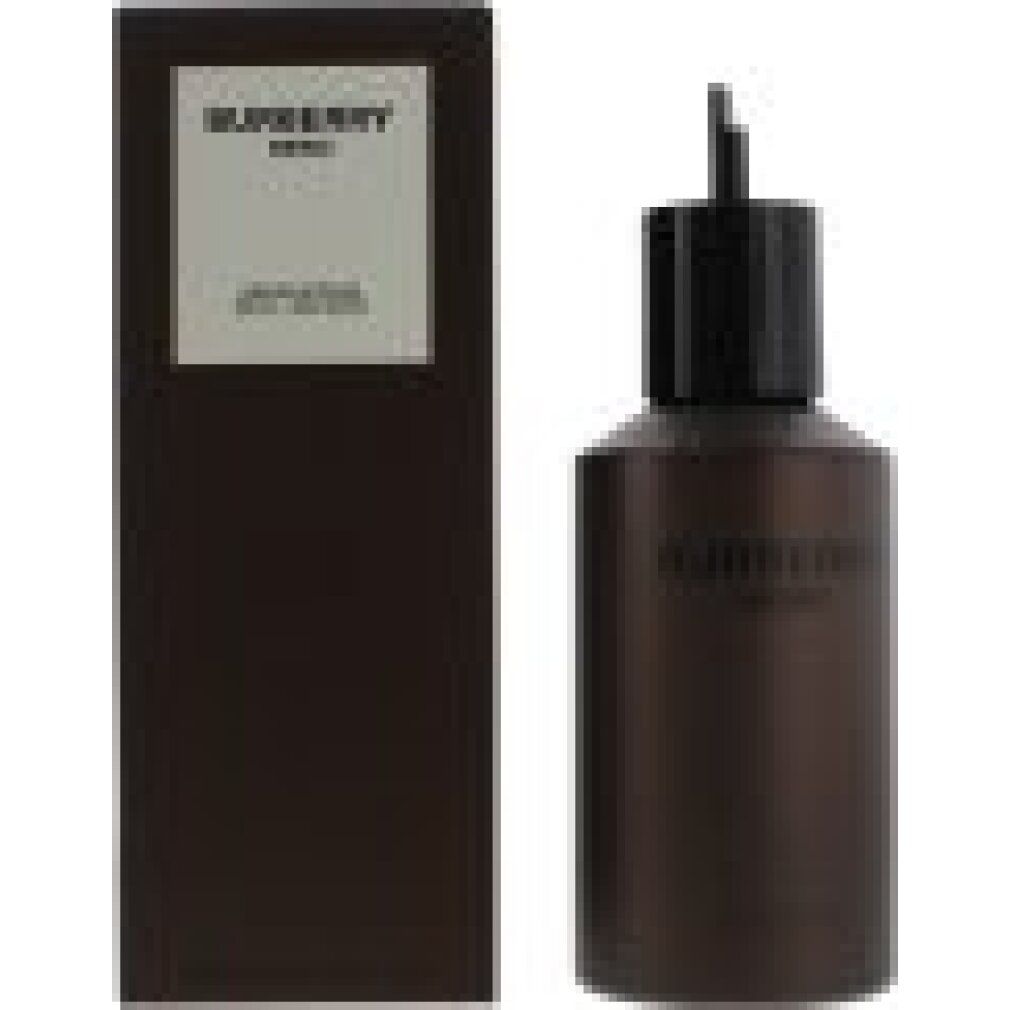 Braune Glasflasche und dunkle Verpackung, beide mit "BURBERRY HERO PARFUM INTENSE REFILL / RECHARGE" beschriftet.