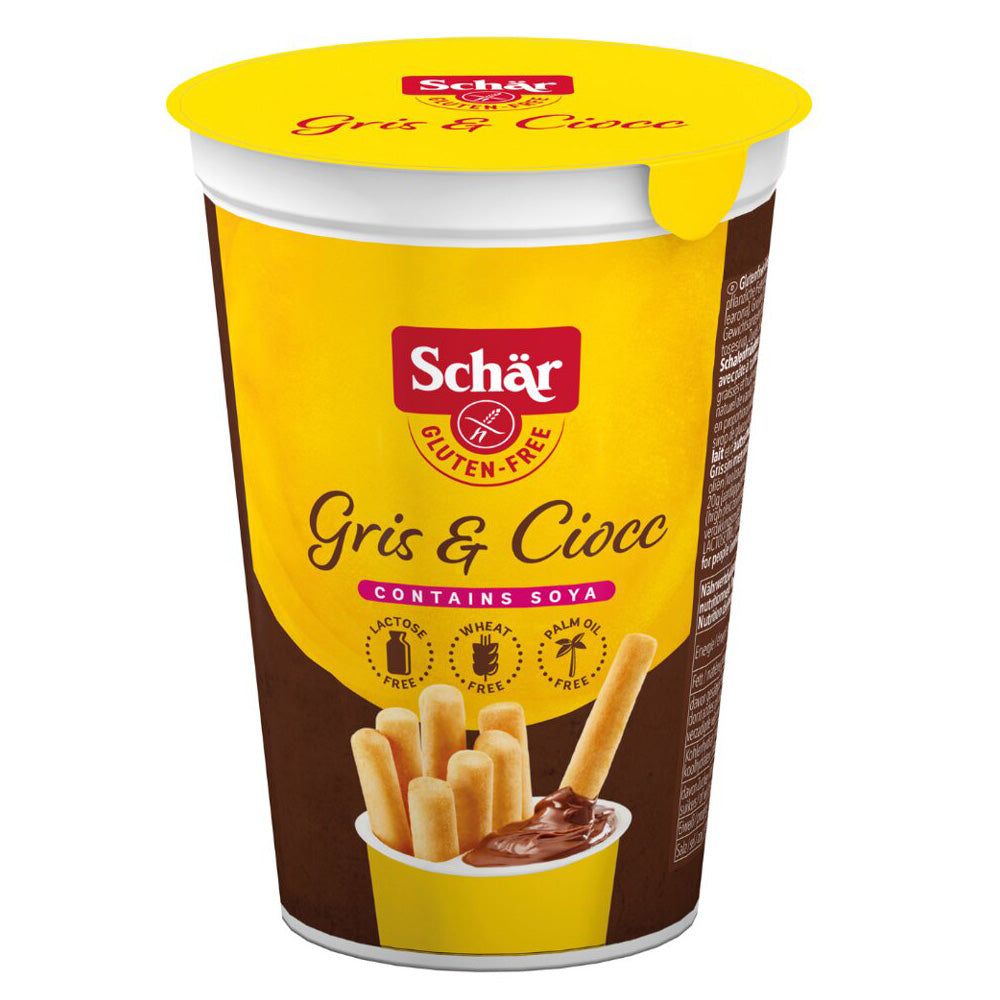 Becher mit glutenfreien Grissini und Schokoladen-Dip. Gelber Deckel, gelbe und braune Verpackung. Marke Schär.