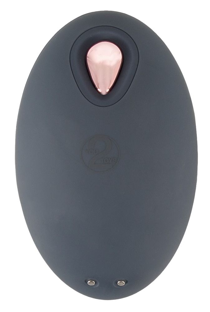 Dunkelgrauer, ovaler Vibrator mit roségoldfarbenem Akzent. Zwei kleine Punkte. Logo mit zwei Monden.