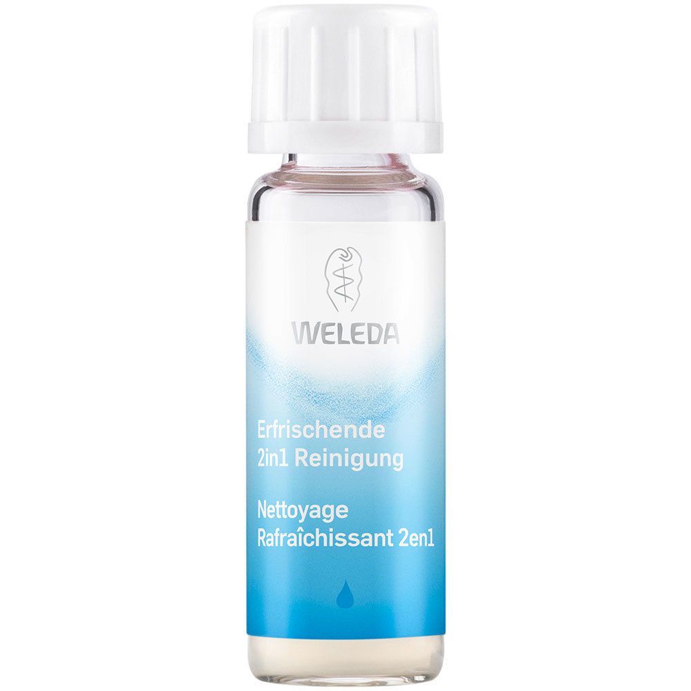 Klarflasche mit weißem Deckel. Aufschrift WELEDA, darunter Erfrischende 2in1 Reinigung und französisch Nettoyage Rafraîchissant 2en1.