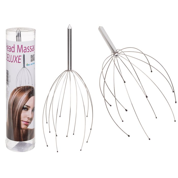 Kopfmassagegerät und Verpackung. Aufdruck: „Head Massager DELUXE“. Bild einer Frau. Zweites Gerät daneben.