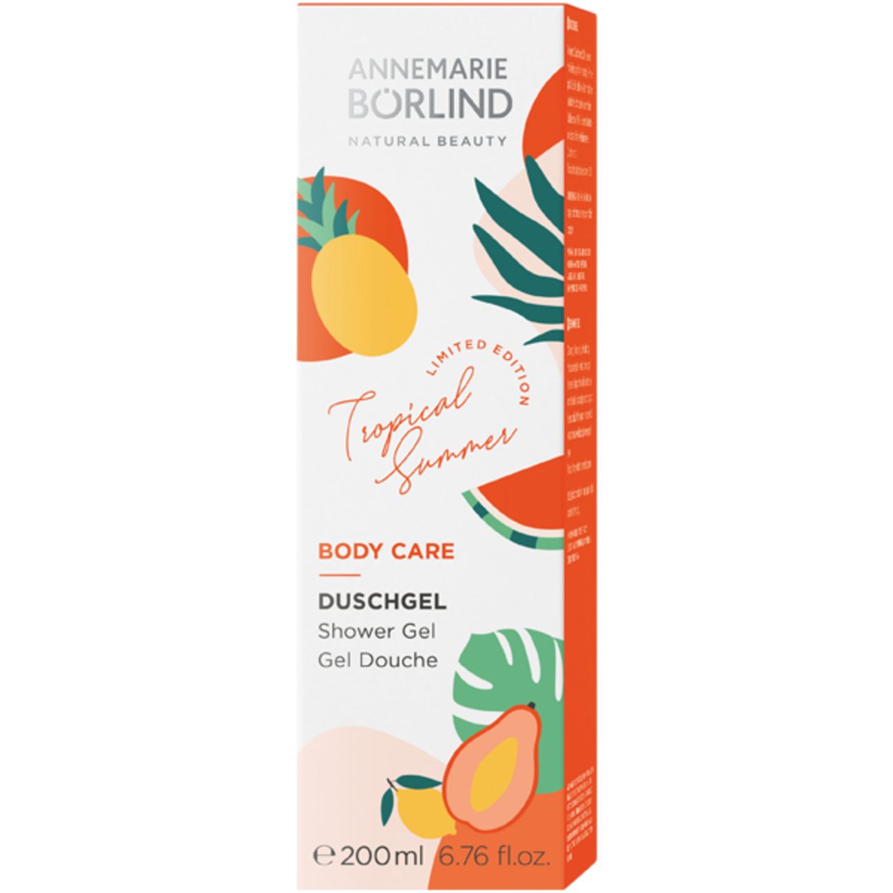 Produktverpackung. Tropisches Design mit Früchten. Produktname, Logo und Schriftzüge. 200 ml. Tropical Summer.