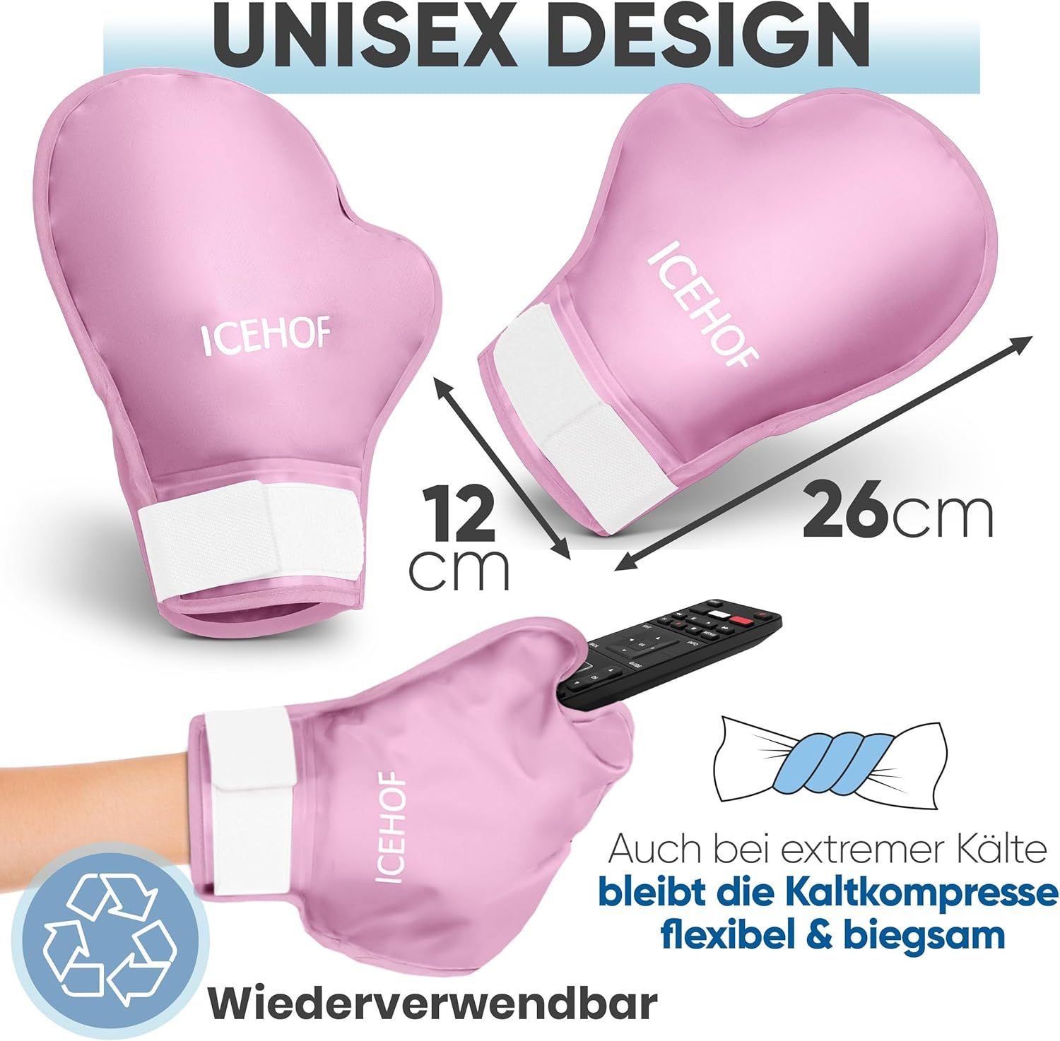 Rosa ICEHOF Kühlhandschuhe, Unisex-Design, Maße 26x12 cm, flexibel bei Kälte.