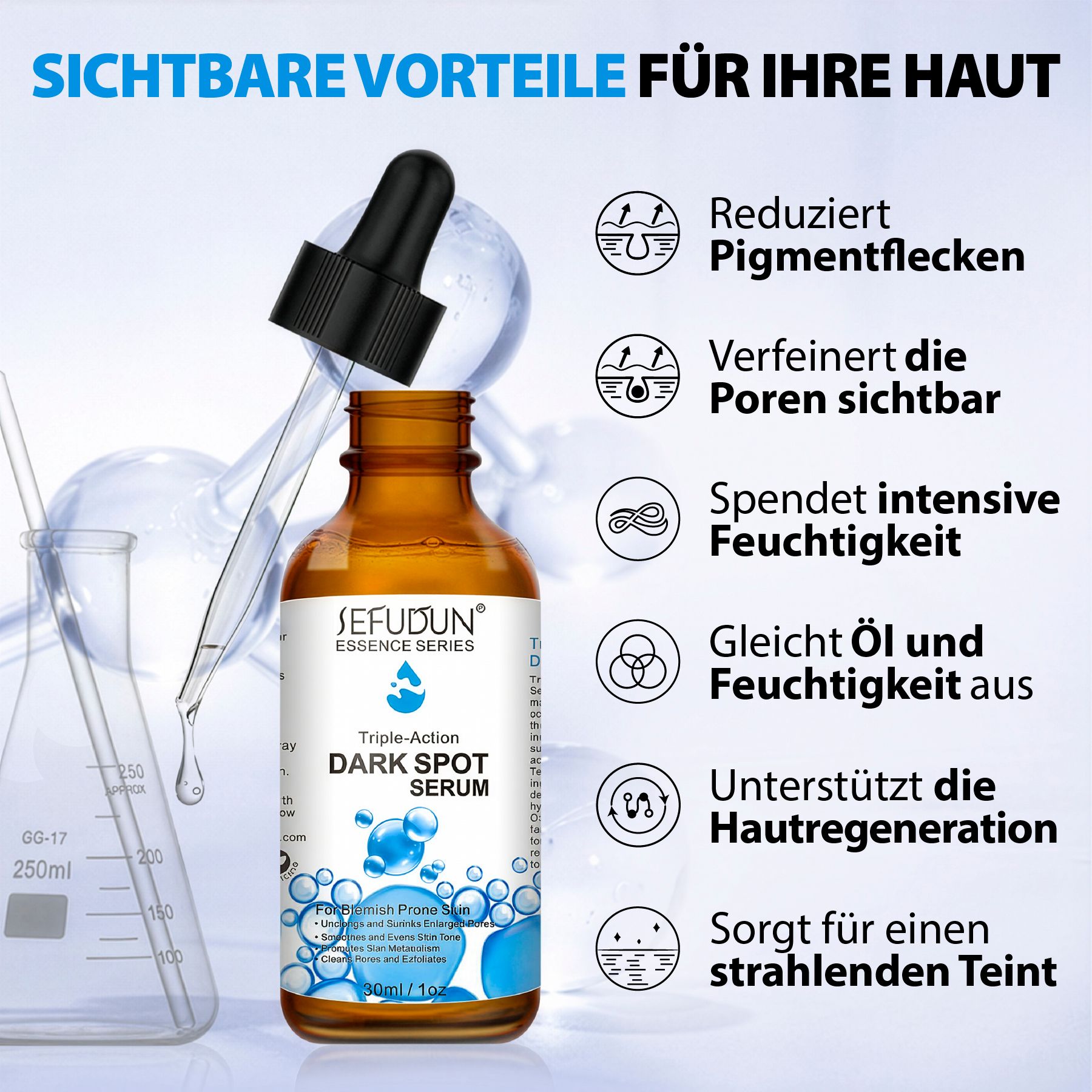 Flasche mit dunklem Fleckserum, Pipette und Icons, die Vorteile wie Pigmentfleckenreduktion auflisten.