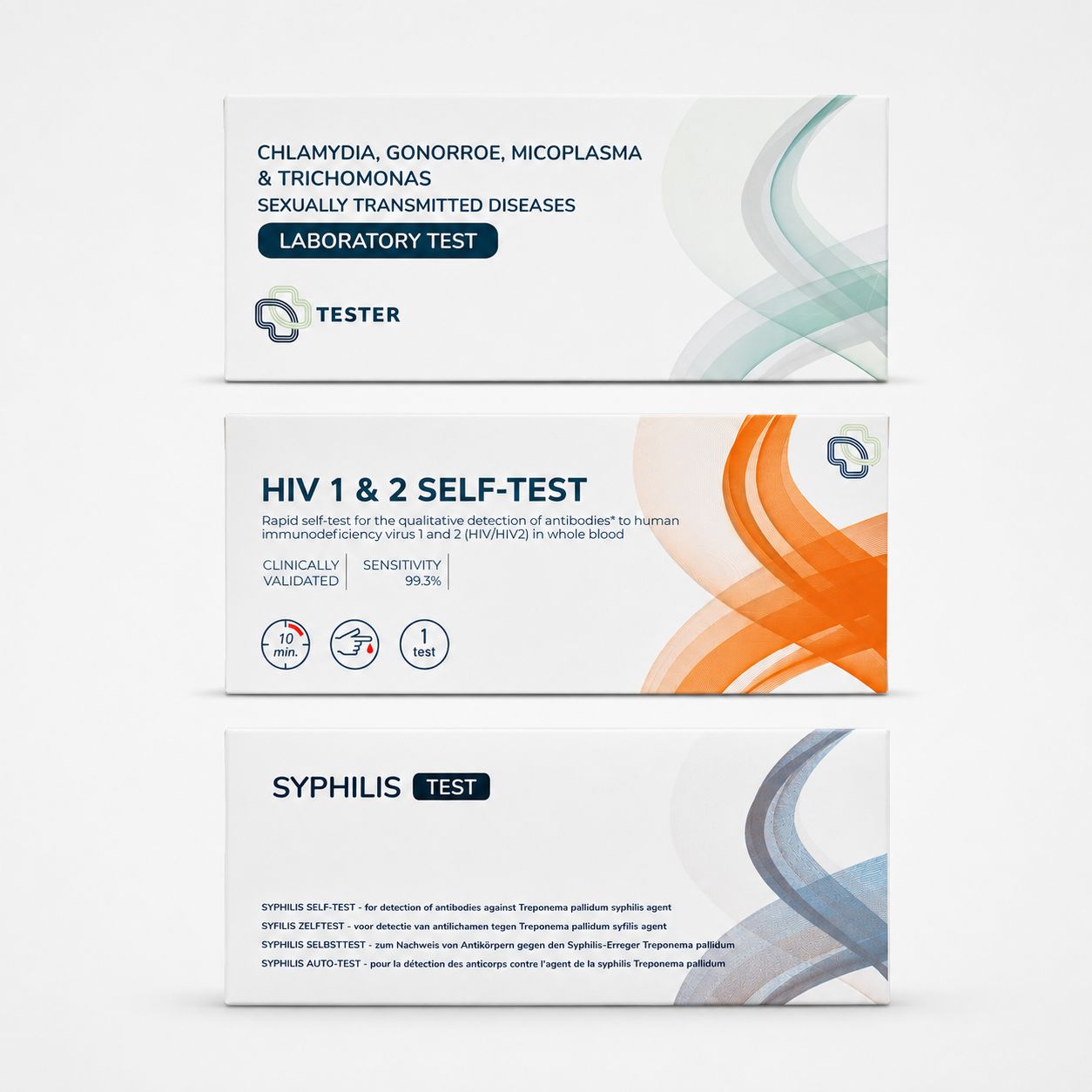Drei Testkits für sexuell übertragbare Krankheiten: Chlamydien, Gonorrhöe, Mykoplasmen, HIV und Syphilis.