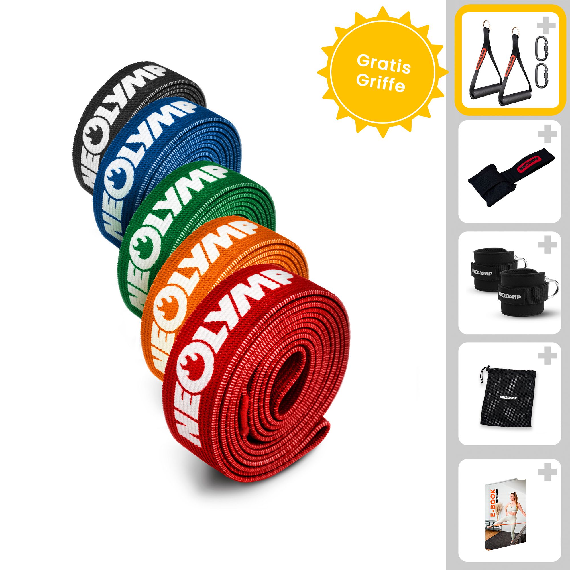 Fitnessbänder in verschiedenen Farben. Zubehör: Griffe, Fußschlaufen, Türanker, Tragetasche, E-Book. Gratis Griffe.