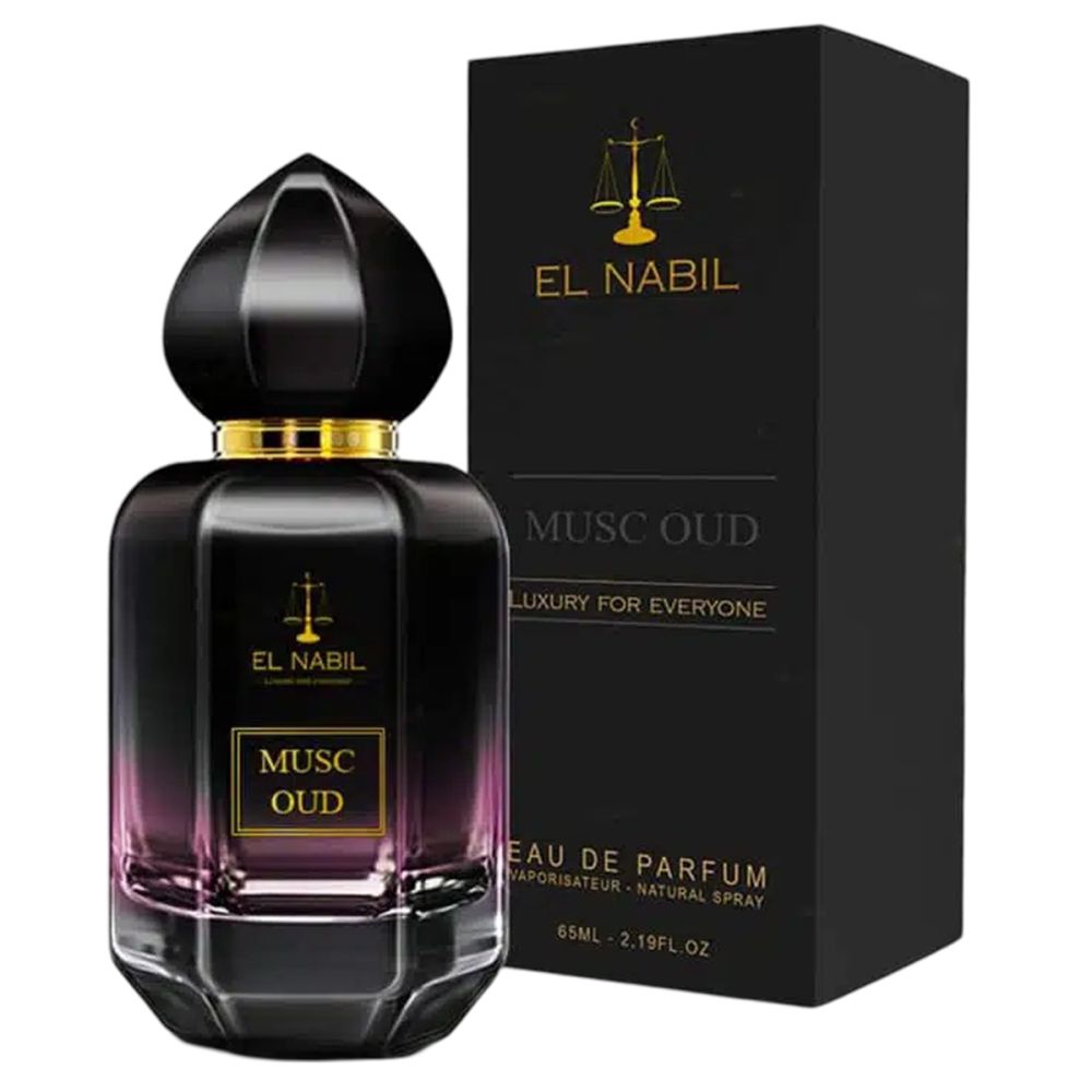 Parfümflakon und schwarze Schachtel. Aufschrift: EL NABIL, Musc Oud, Eau de Parfum.