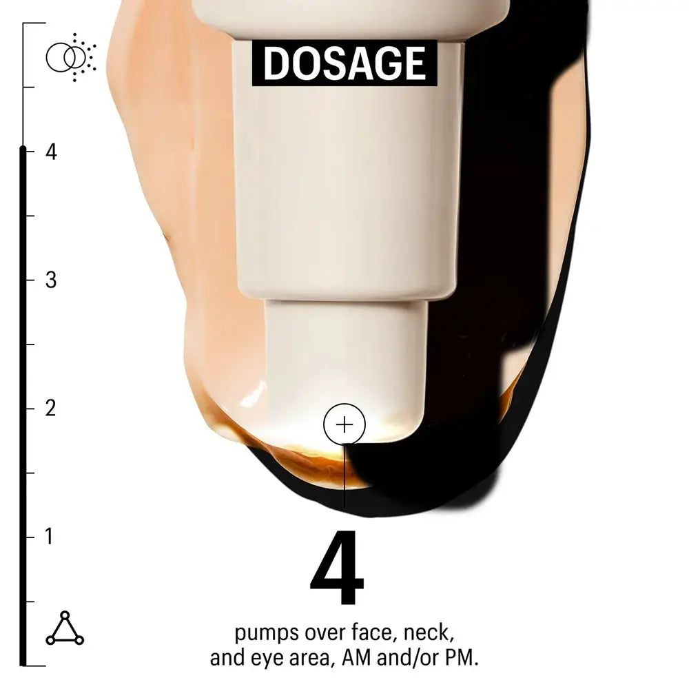 Nahaufnahme von Creme-Tube und Creme. Text: DOSAGE, 4 Pumps. Marke nicht sichtbar.