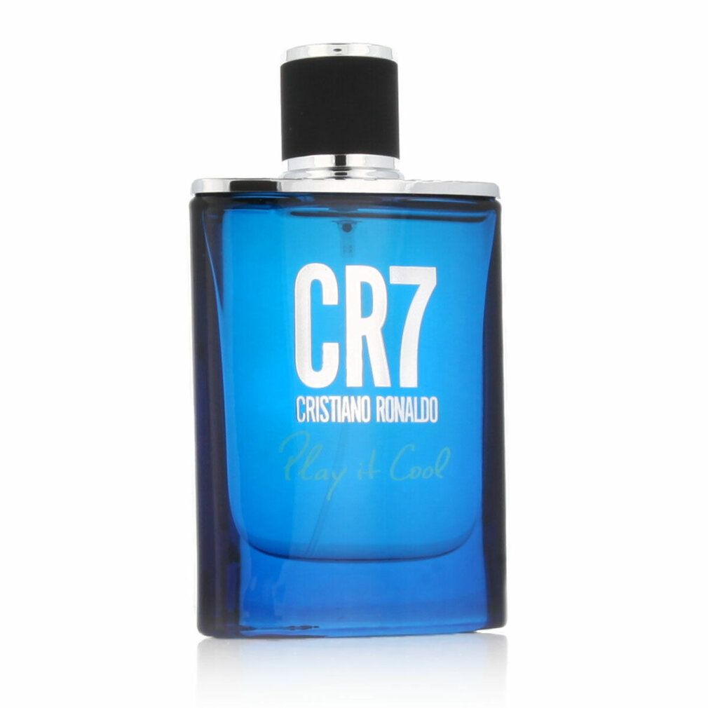 Blaues Eau de Toilette Spray mit schwarzem Deckel. Aufschrift: CR7 Cristiano Ronaldo Play it Cool.