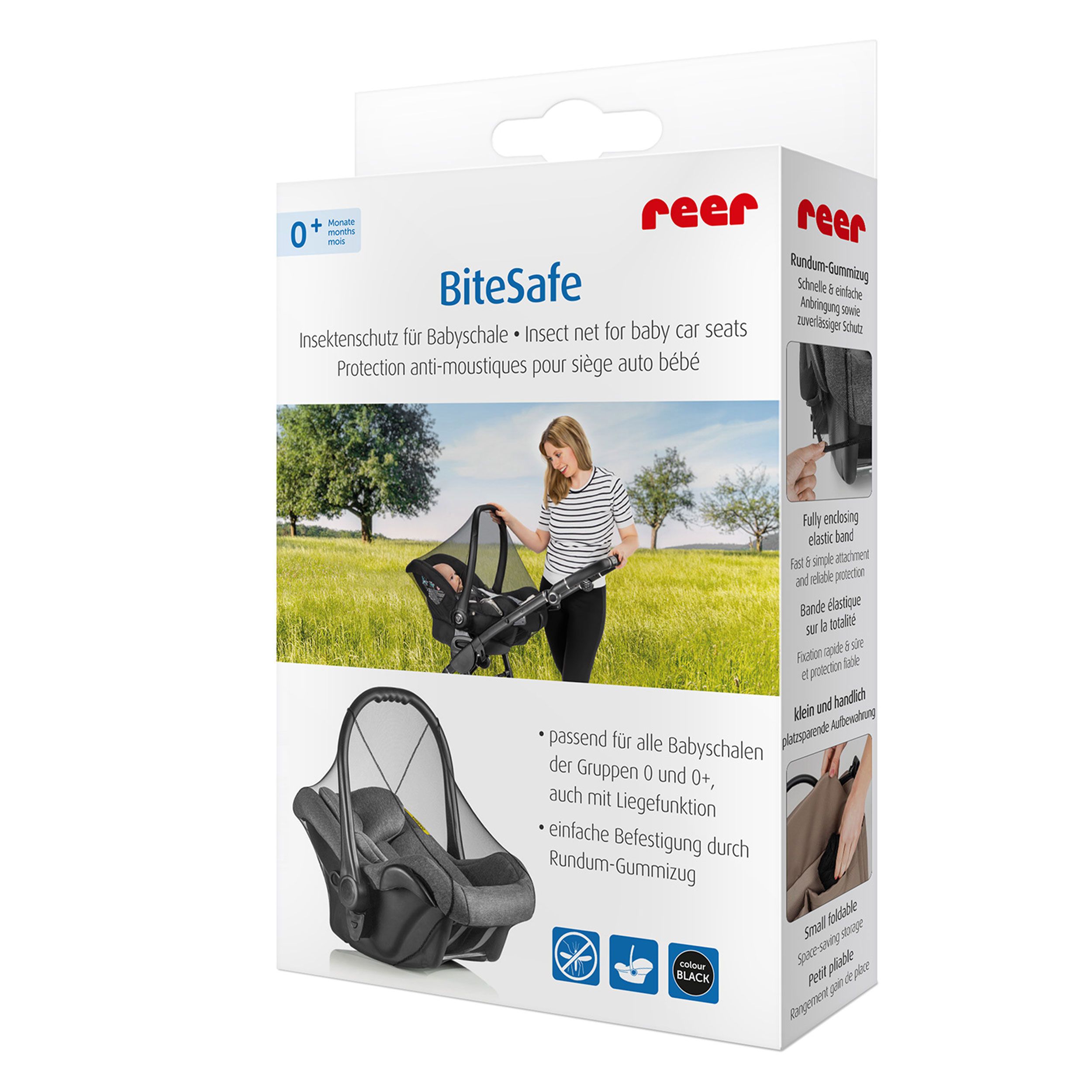 Produktverpackung von reer BiteSafe Insektenschutz für Babyschale. Text und Produktabbildung.