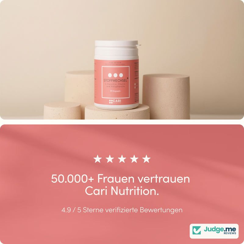 Stoffwechsel+ Kapseln auf Podesten, 50.000+ Frauen vertrauen Cari Nutrition, 4.9/5 Sterne.