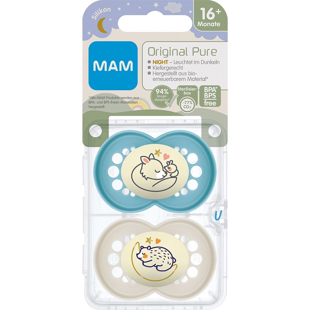 Emballage de deux sucettes MAM Original Pure Night en silicone, 16+ mois. Sucettes bleues et beiges dans un emballage plastique.